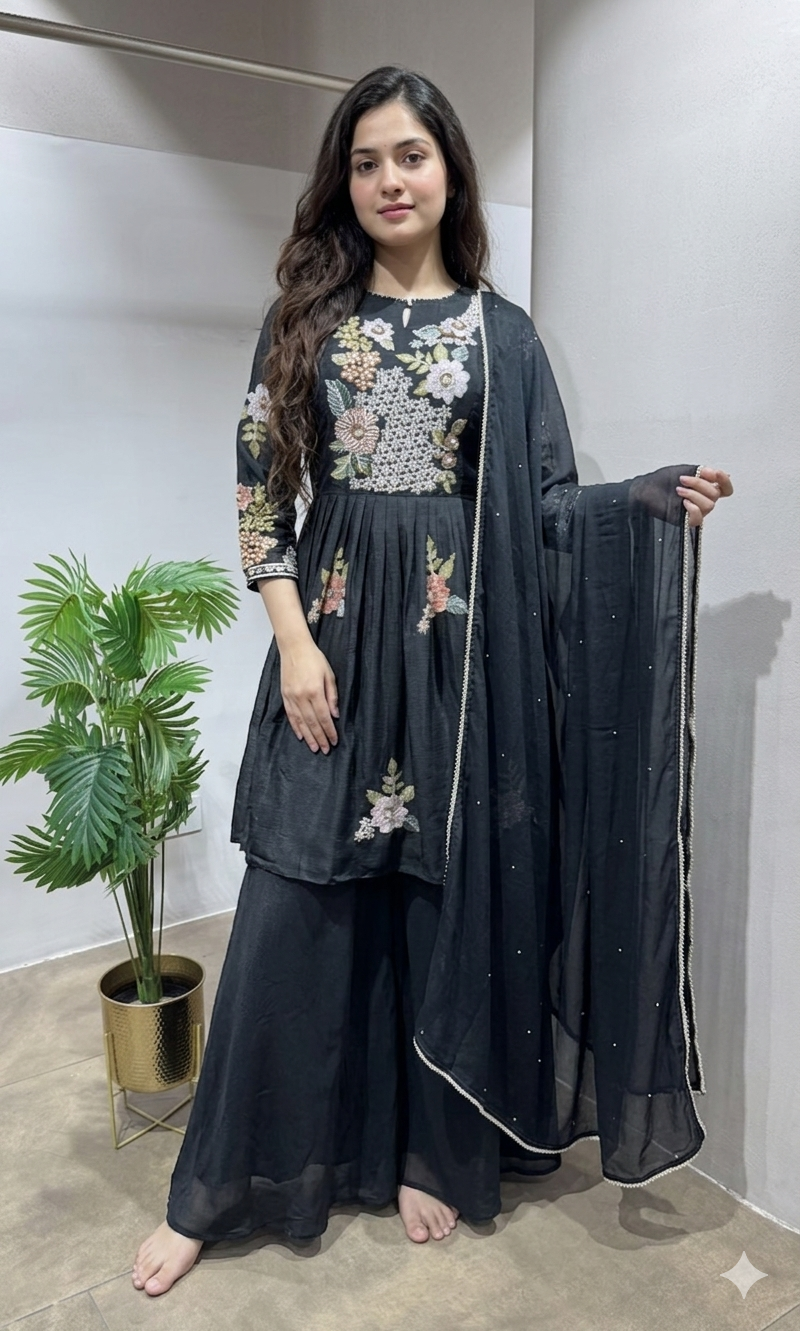 Black Floral Embroidered PALAZZO SET