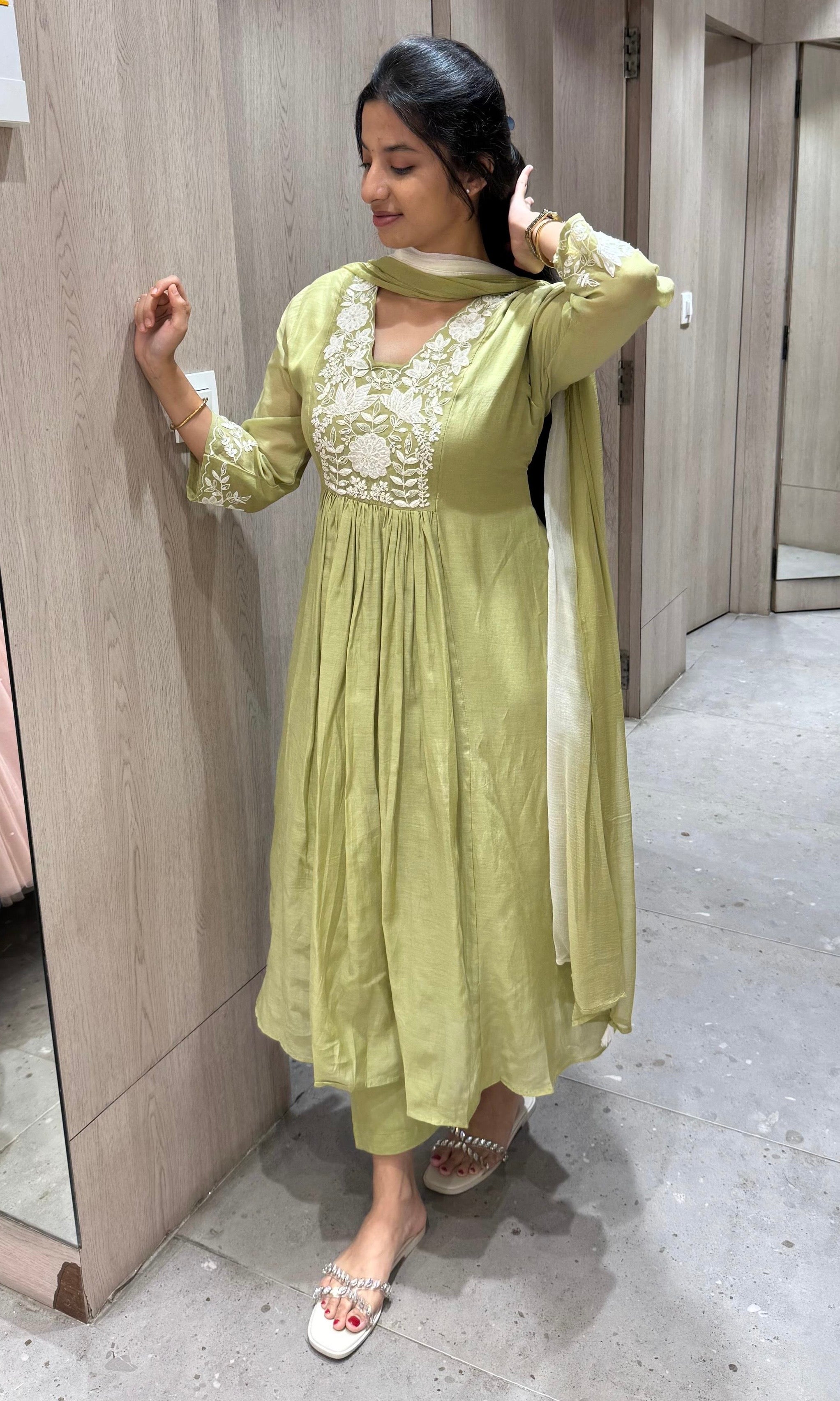 matcha green MUL CHANDERI anarkali kurta set