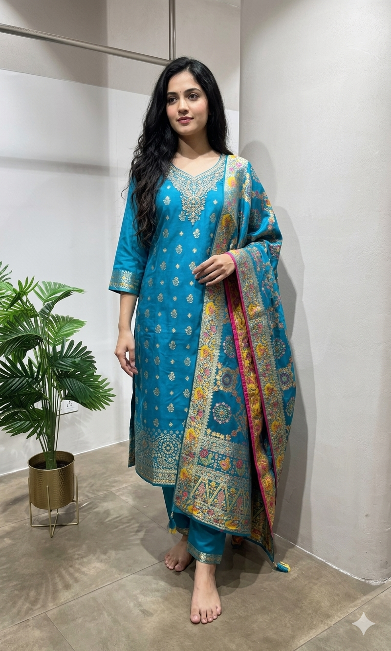 Rama blue kurta set with banarasi dupatta