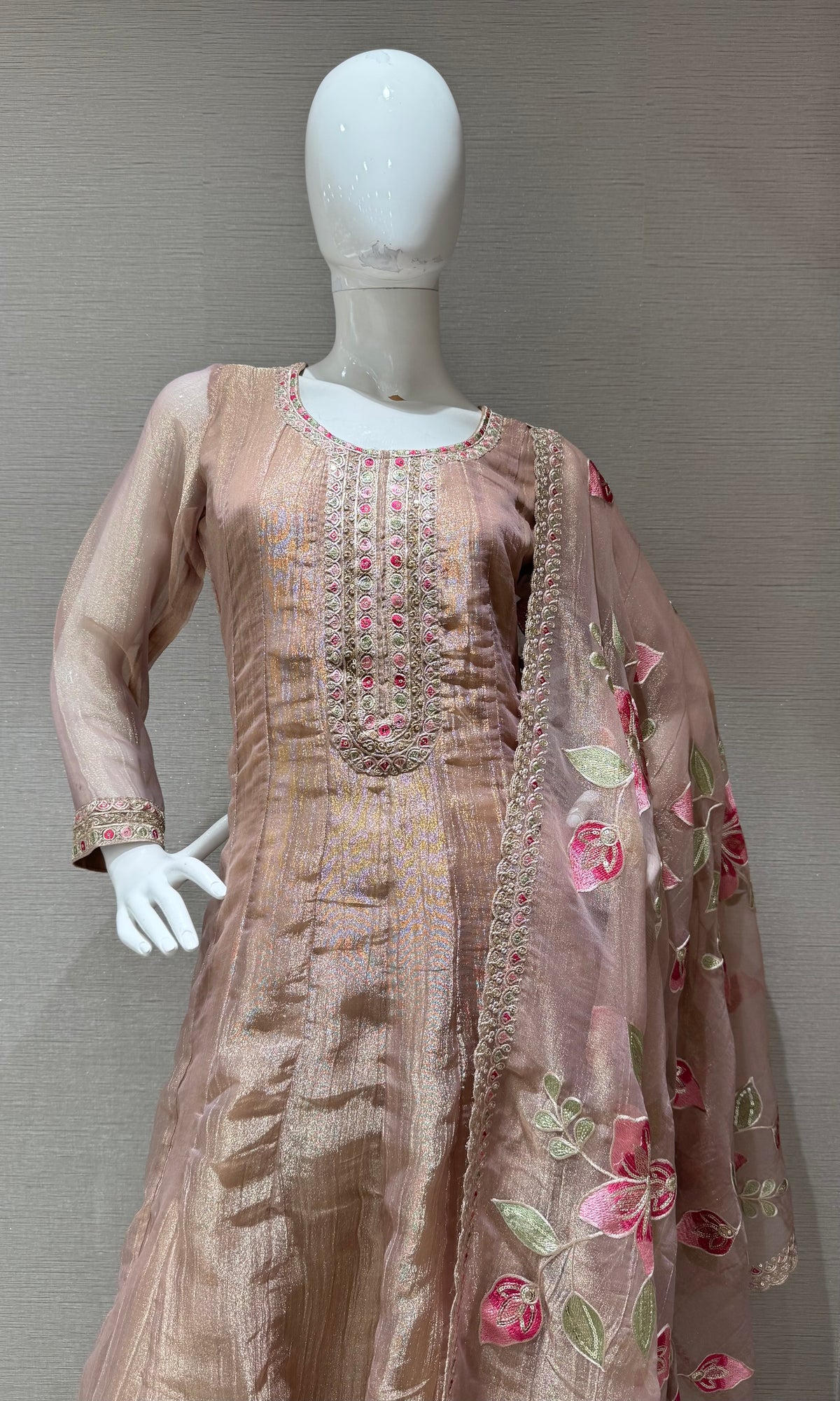 PEACH EMBROIDERED TISSUE ANARKALI SET WITH FLORAL DUPATTA