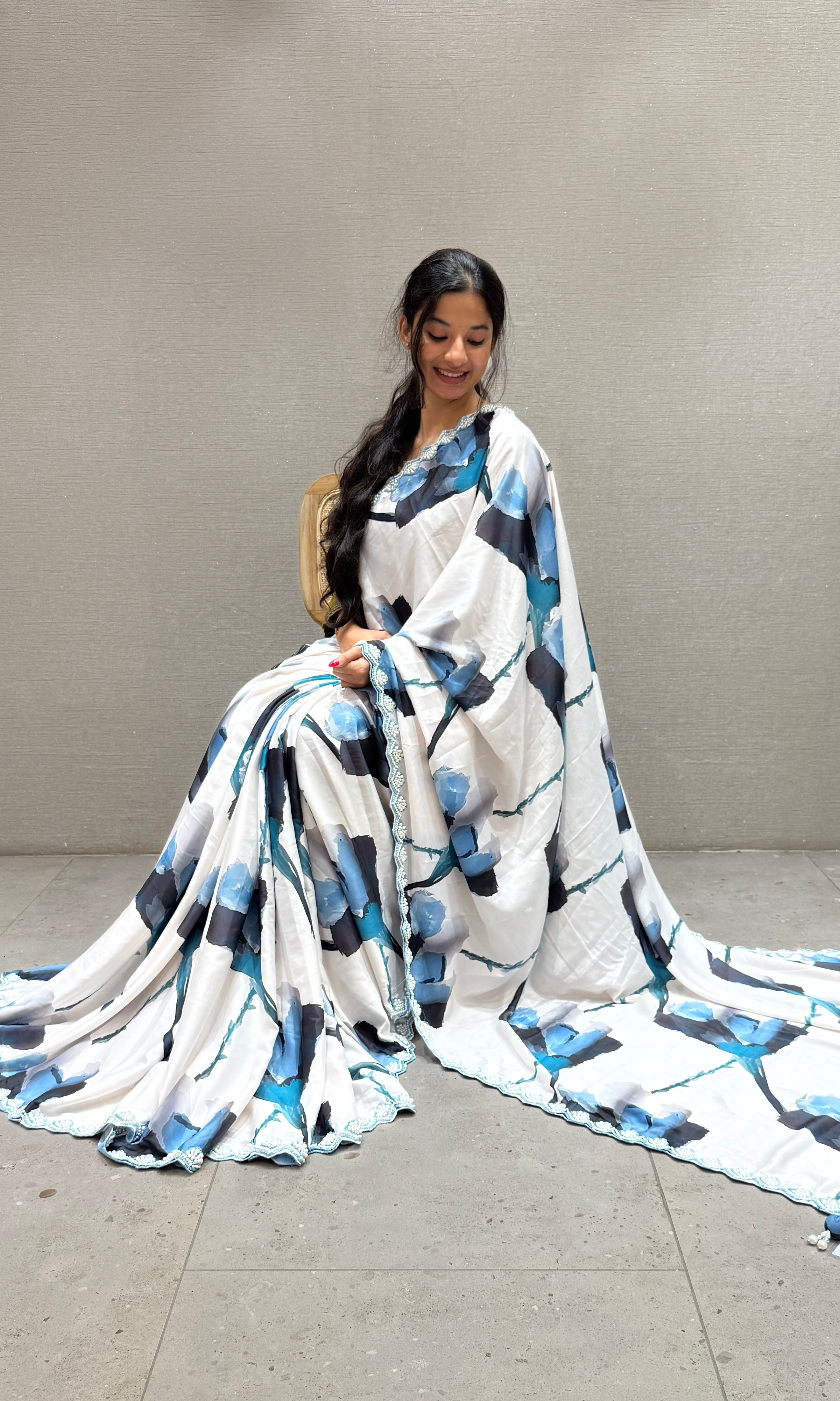 Sea blue and white digital printed satin silk saree with ready pearl work blouse