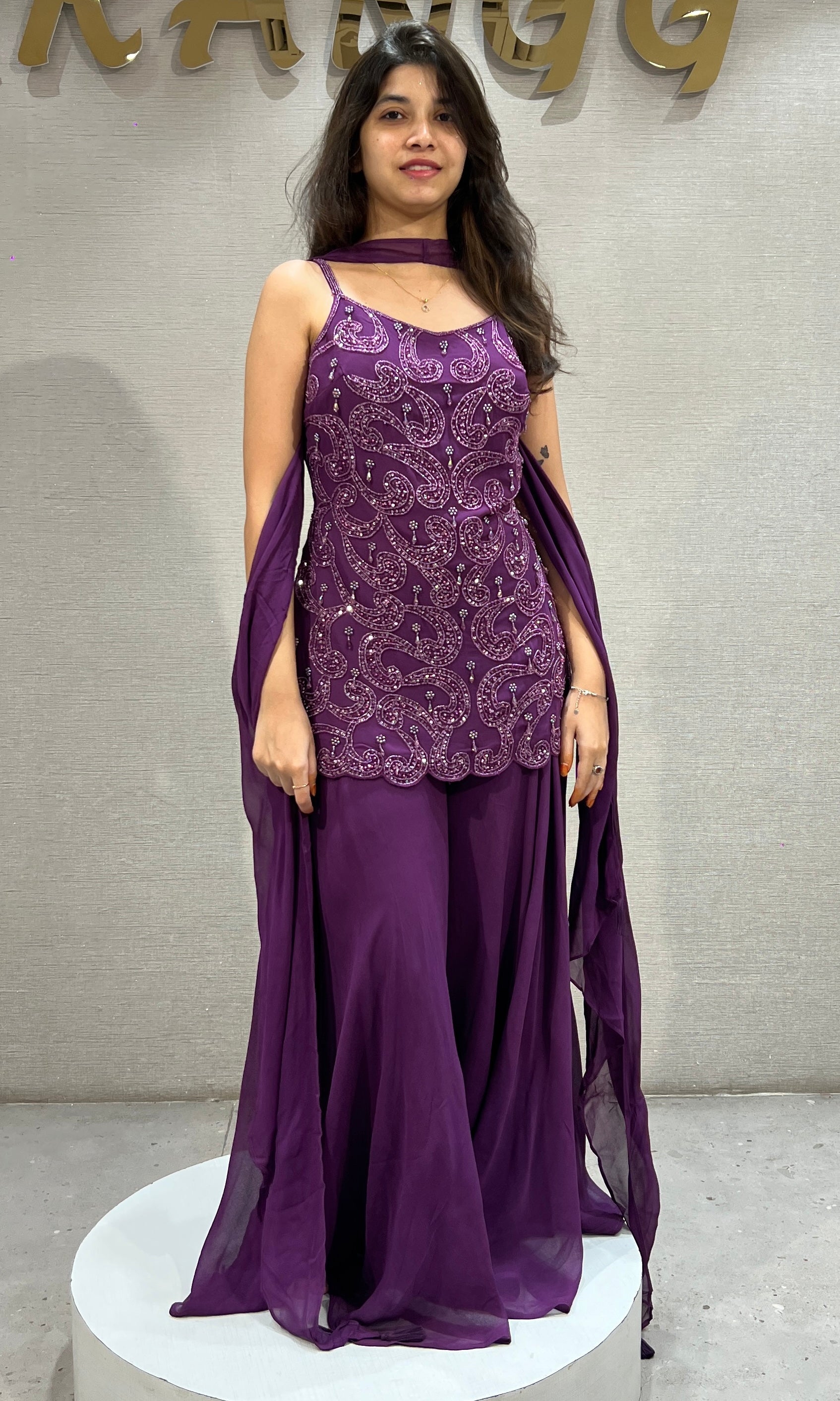 Purple Floral Embroidered Sharara set