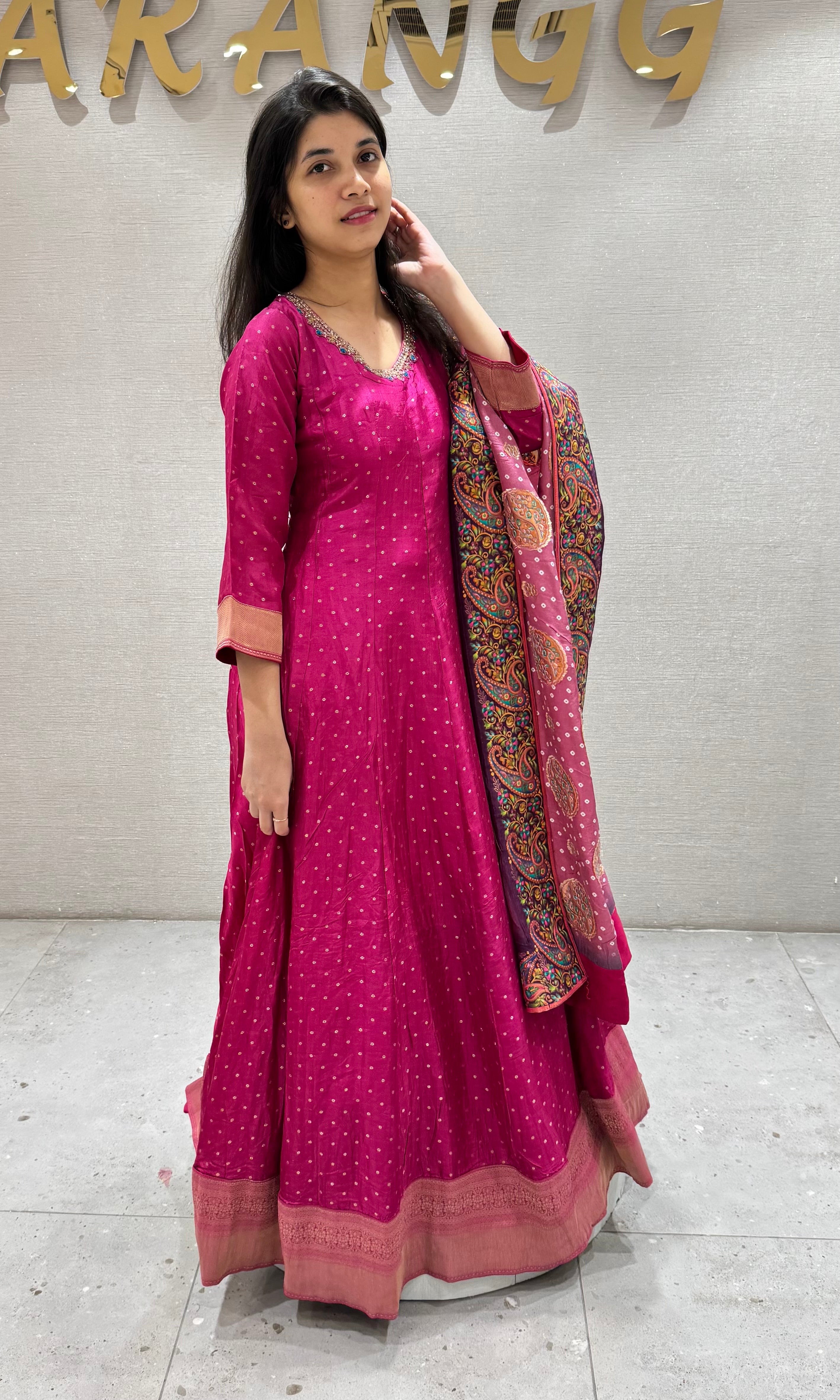 Pink ANARKALI SET WITH PRINTED DUPATTA