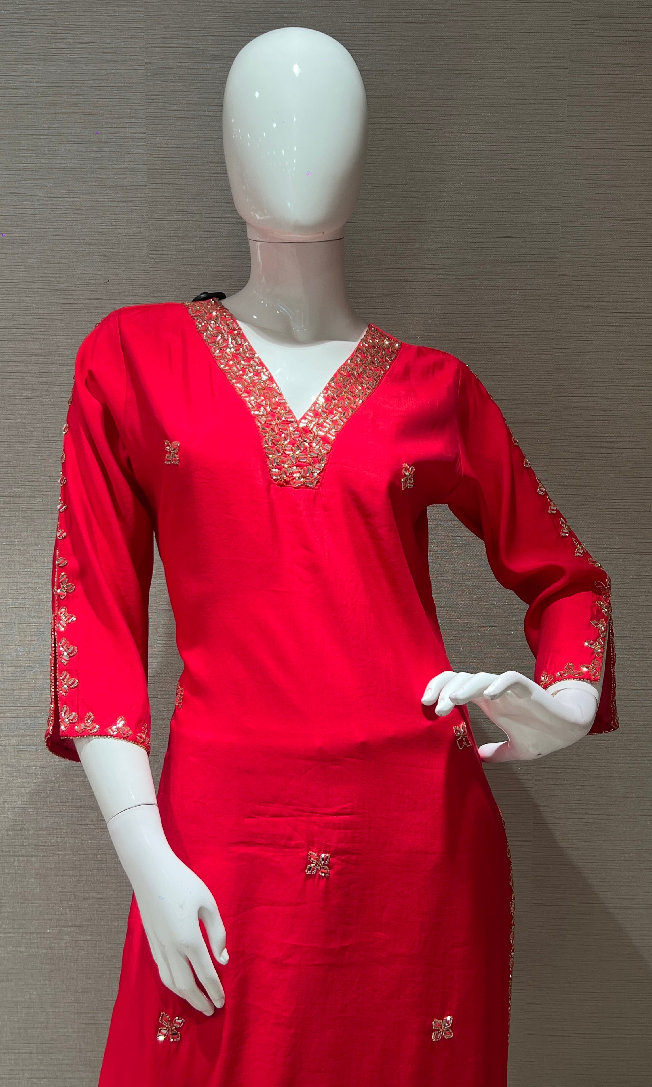 pink embroidered kurta set with striped dupatta