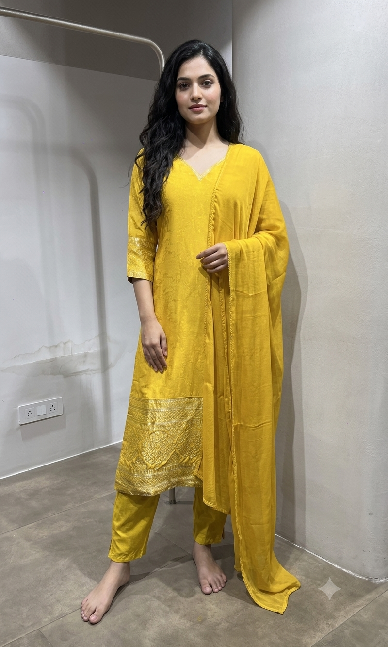 Yellow Silk Straight Kurta Set with Gold Border