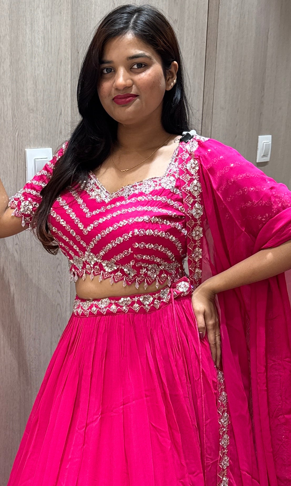 Pink georgette lehenga with gold embroidery