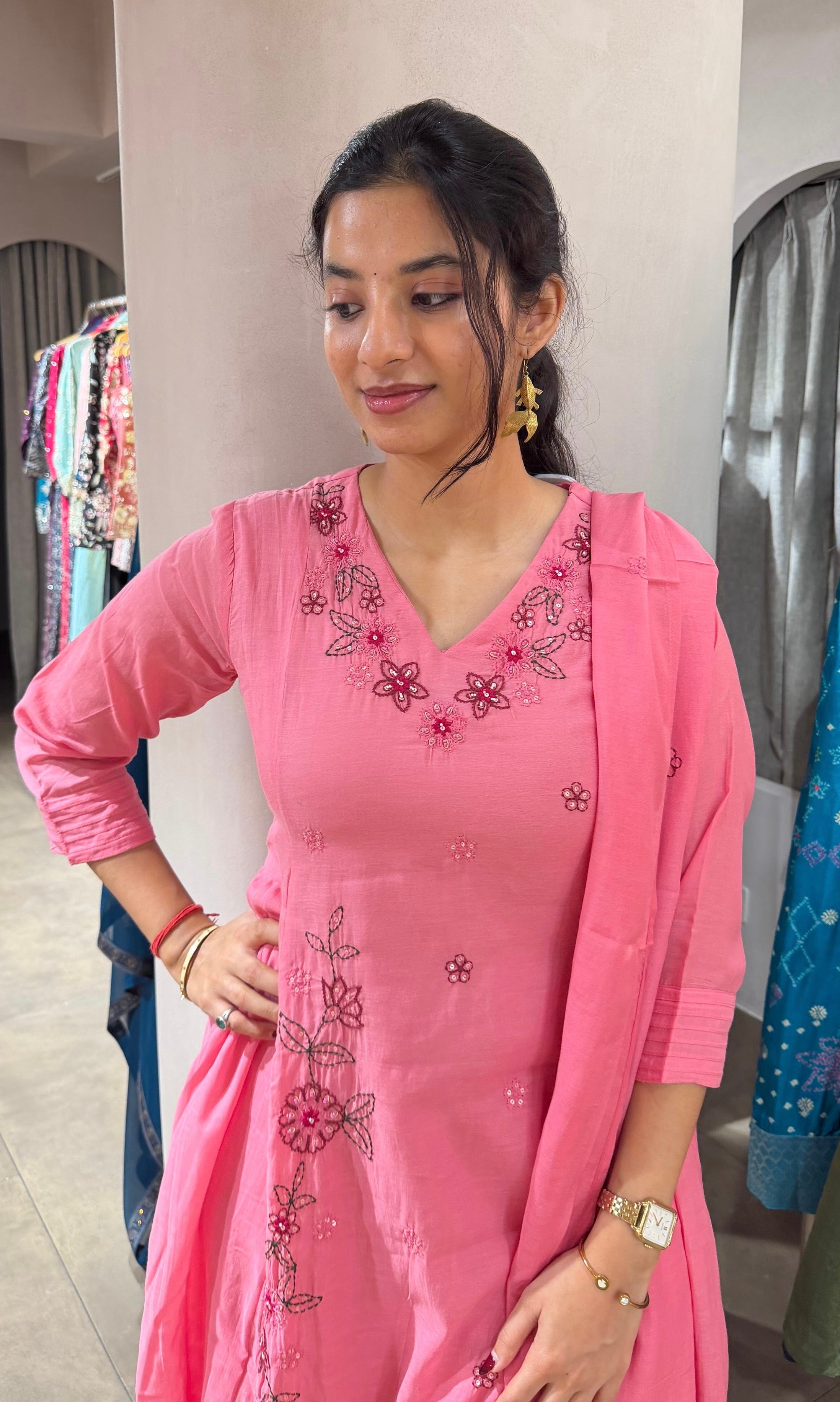 BABY PINK FLORAL MUL CHANDERI KURTA SET