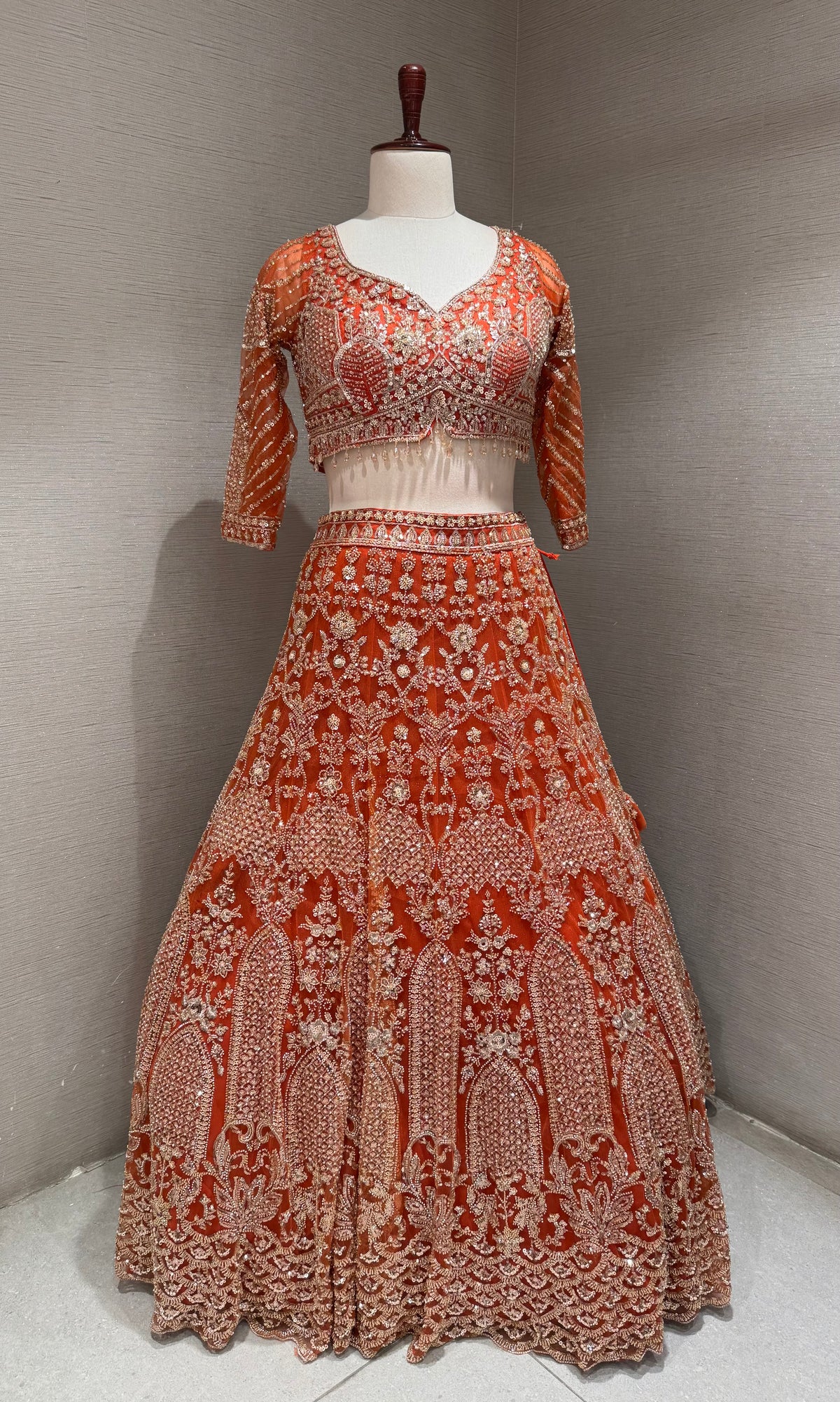 Rust Orange Georgette Motif Bridal Lehenga Set