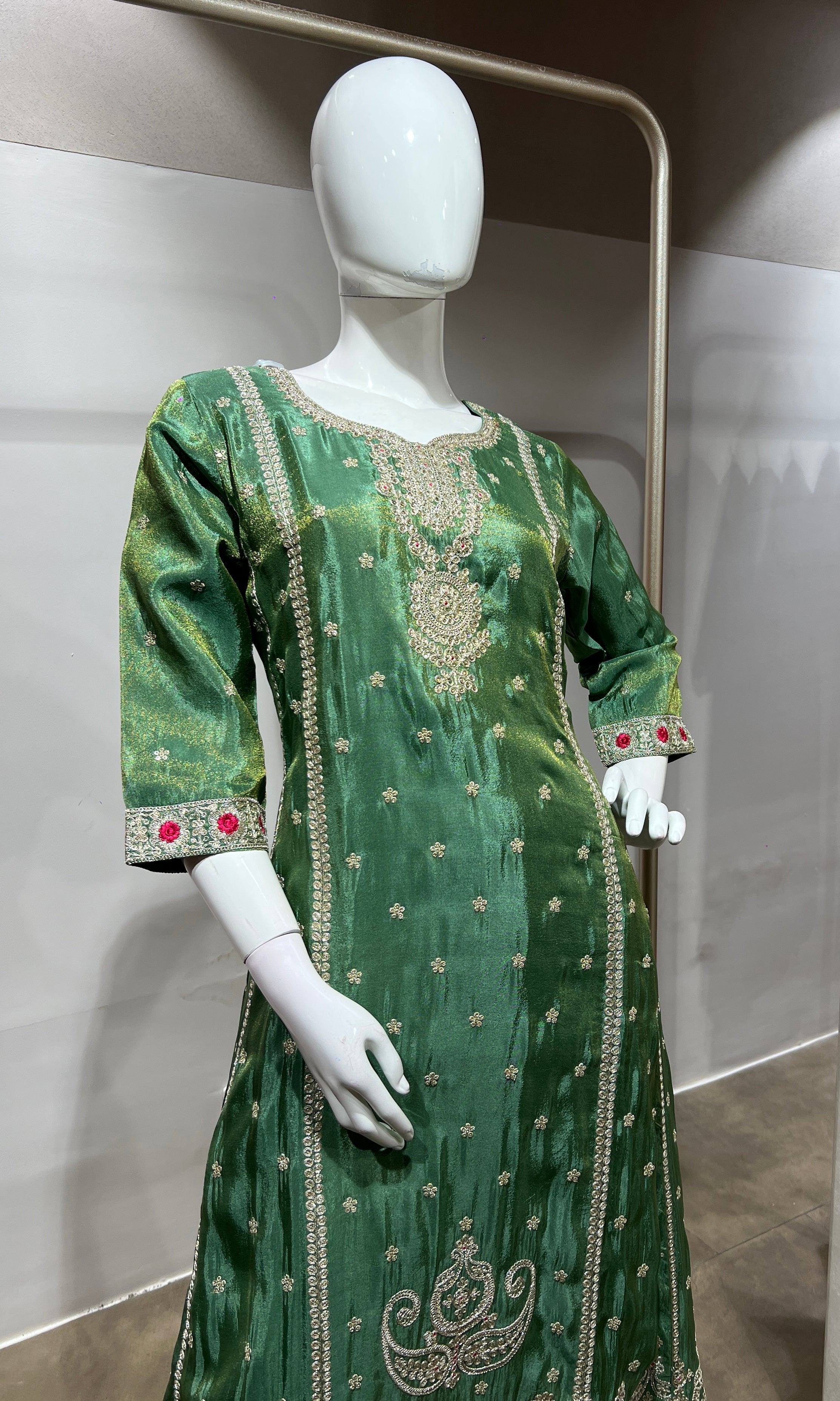 Green Silk Embroidered Kurta Suit with Dupatta