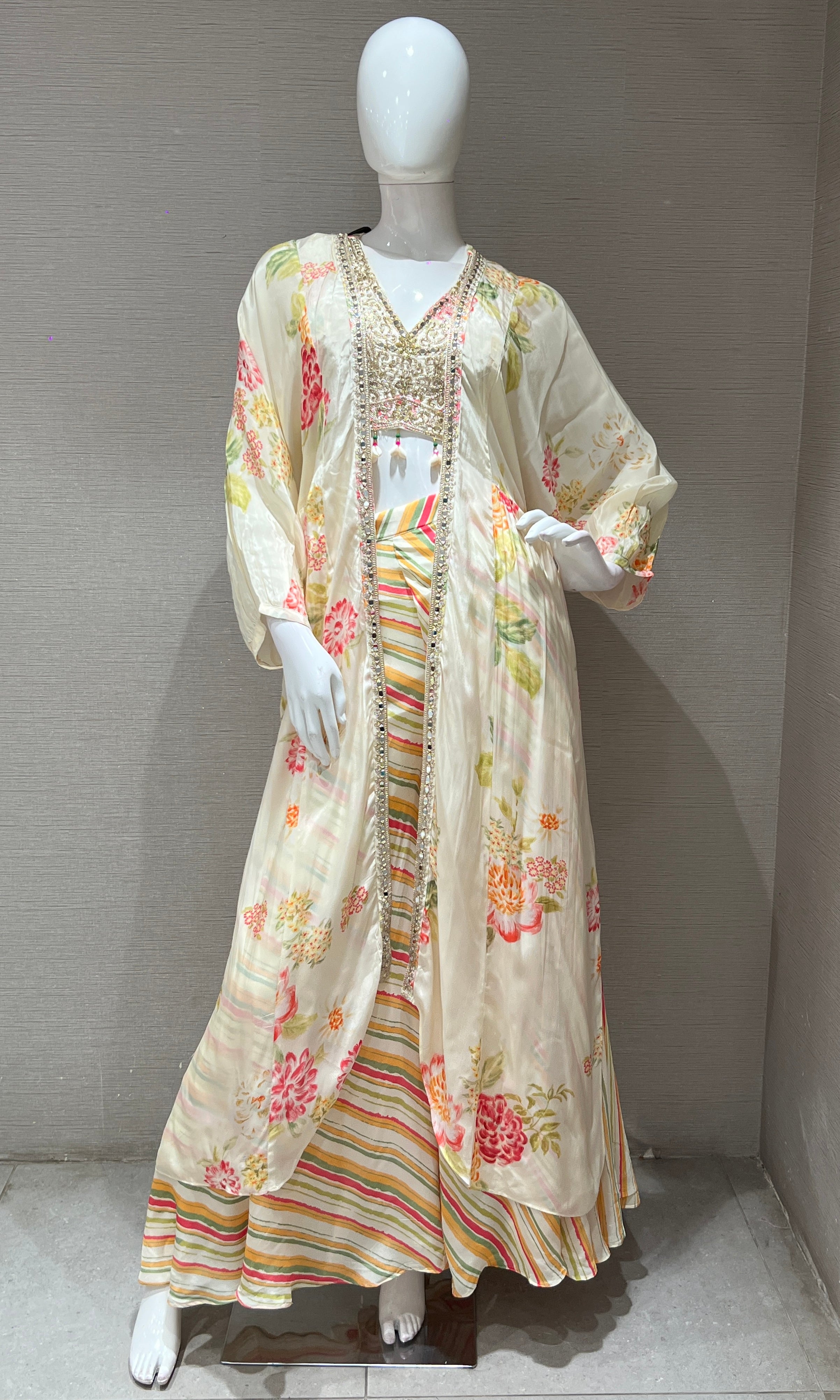 Ivory Floral Print Palazzo with Cape