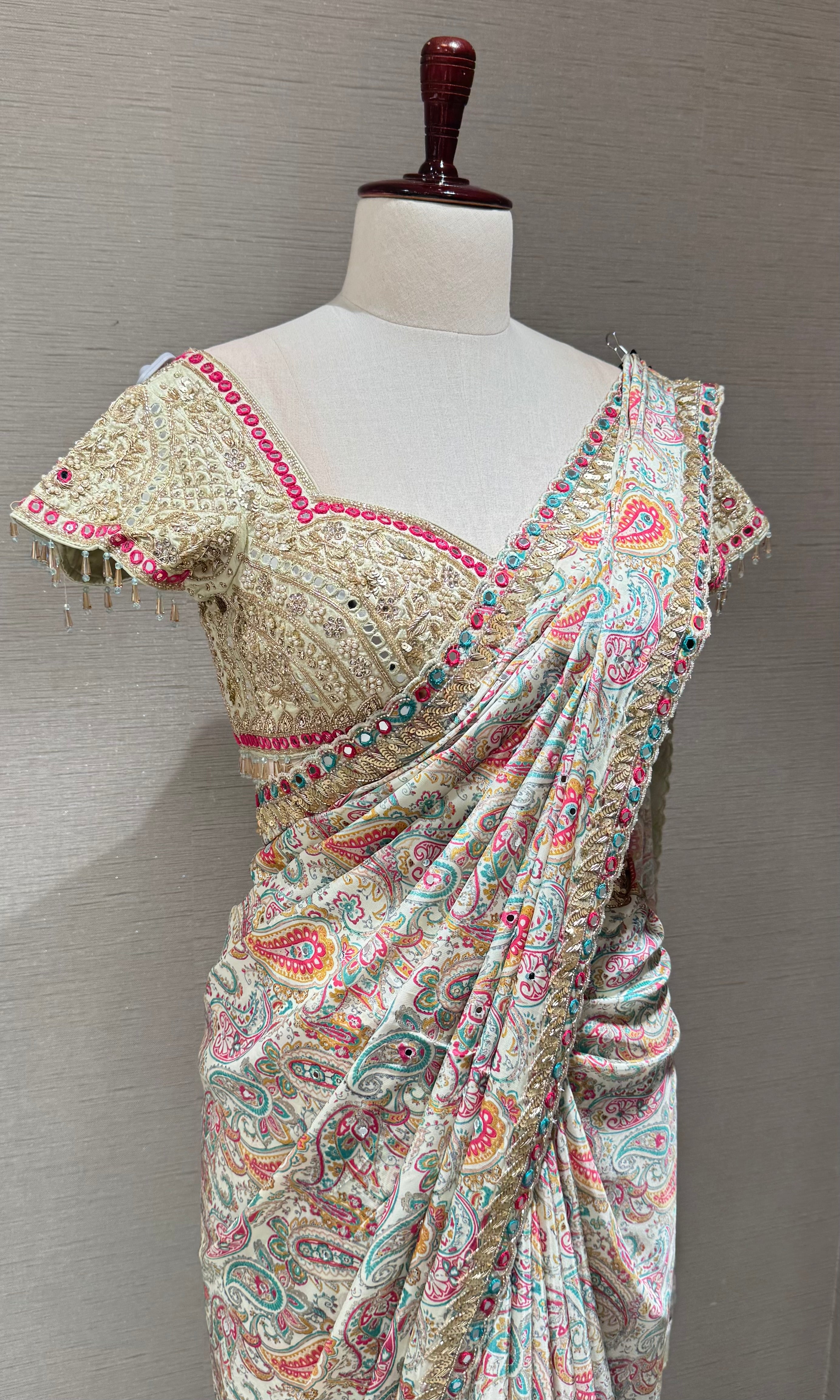 Green multicolor printed designer saree with embroidered blouse