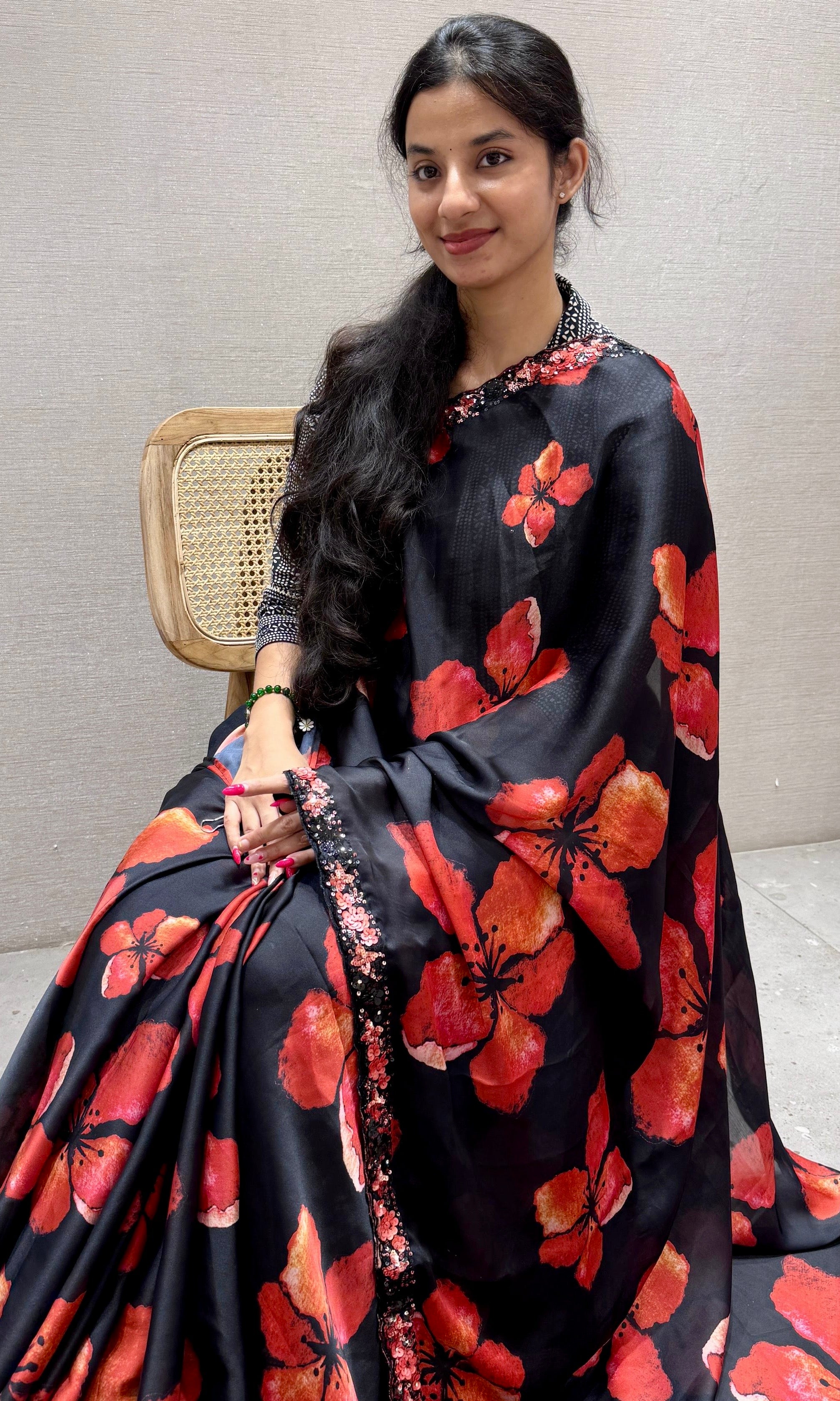 Black Floral Saree with ready blouse