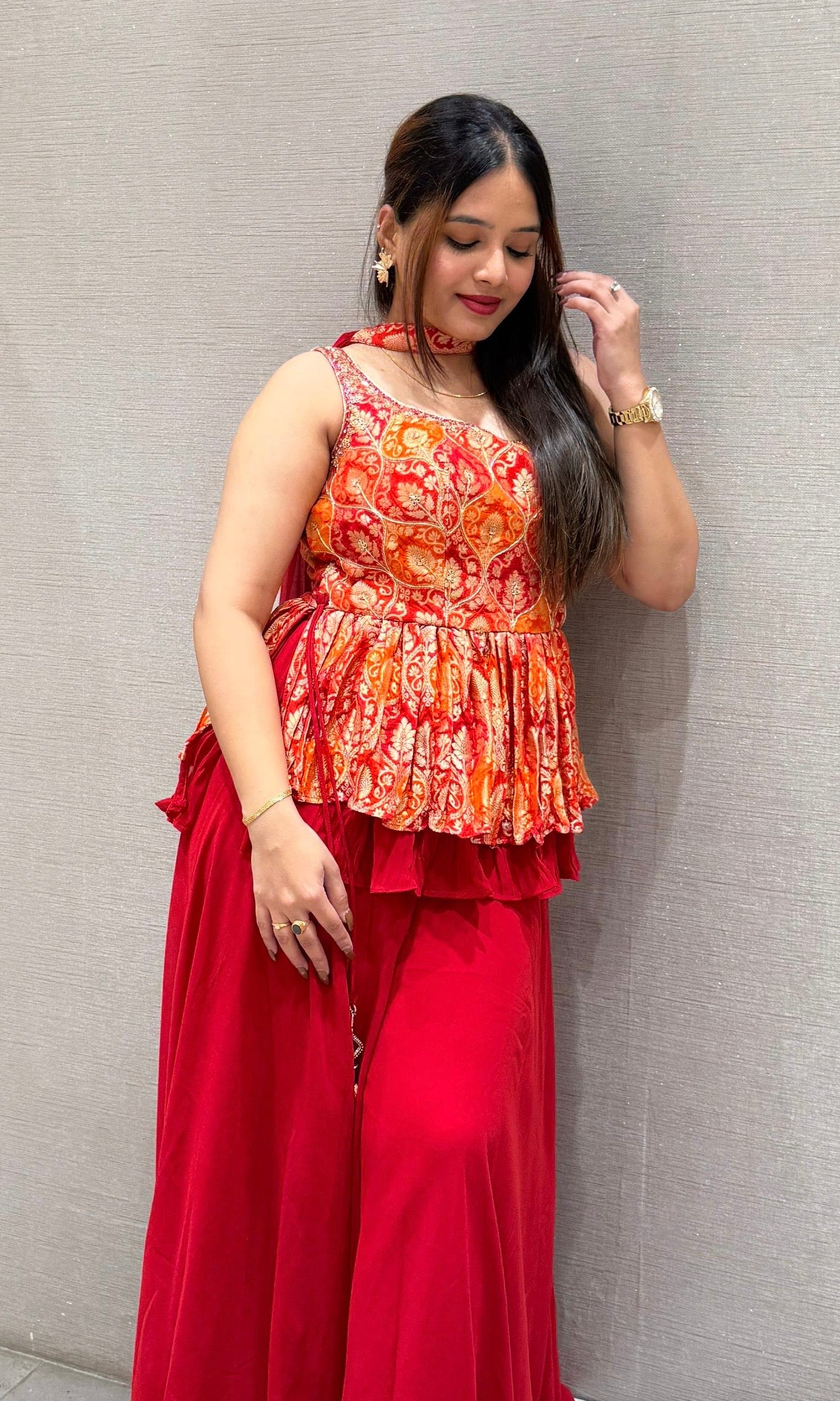 Red palazzo set with peplum top