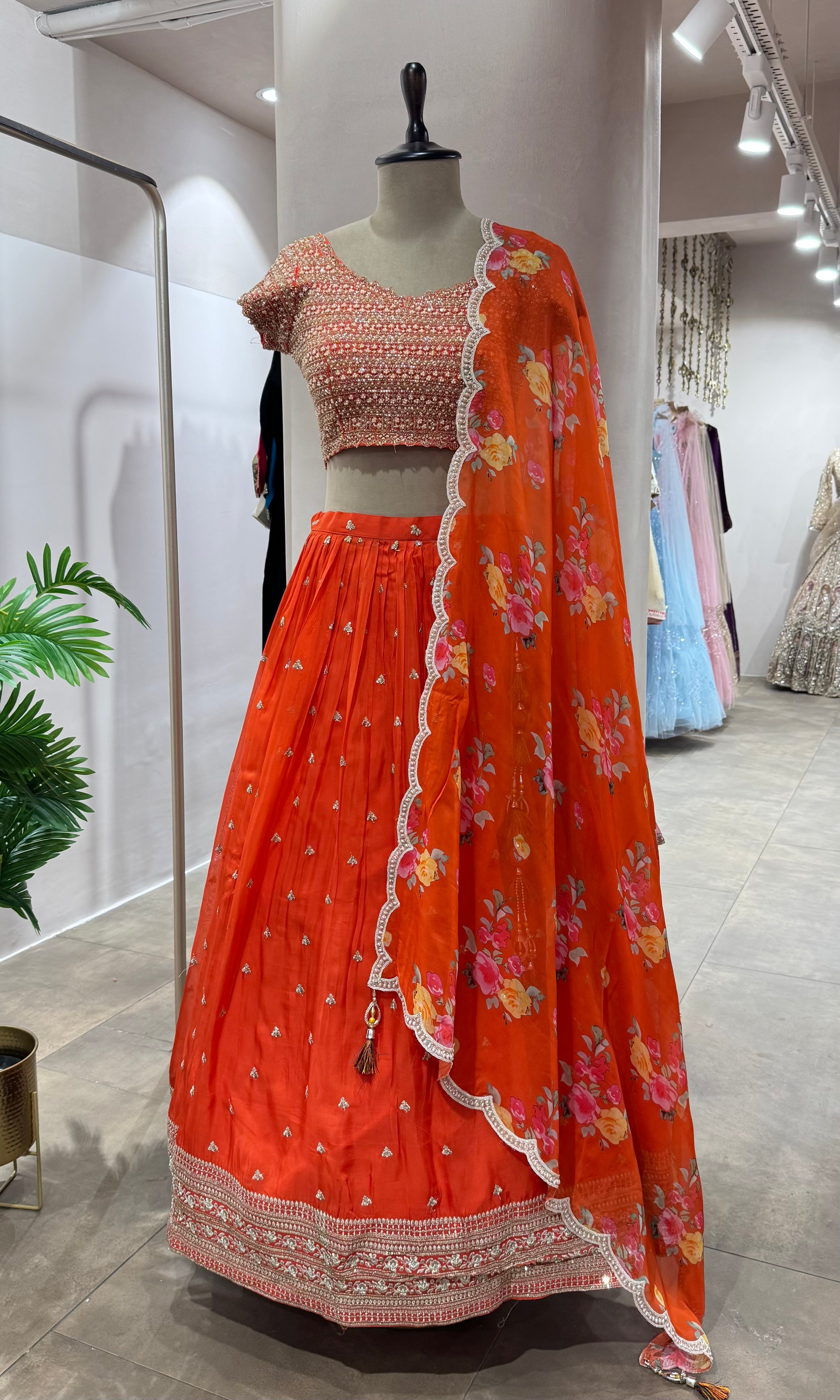 Vibrant Orange Floral Lehenga Set