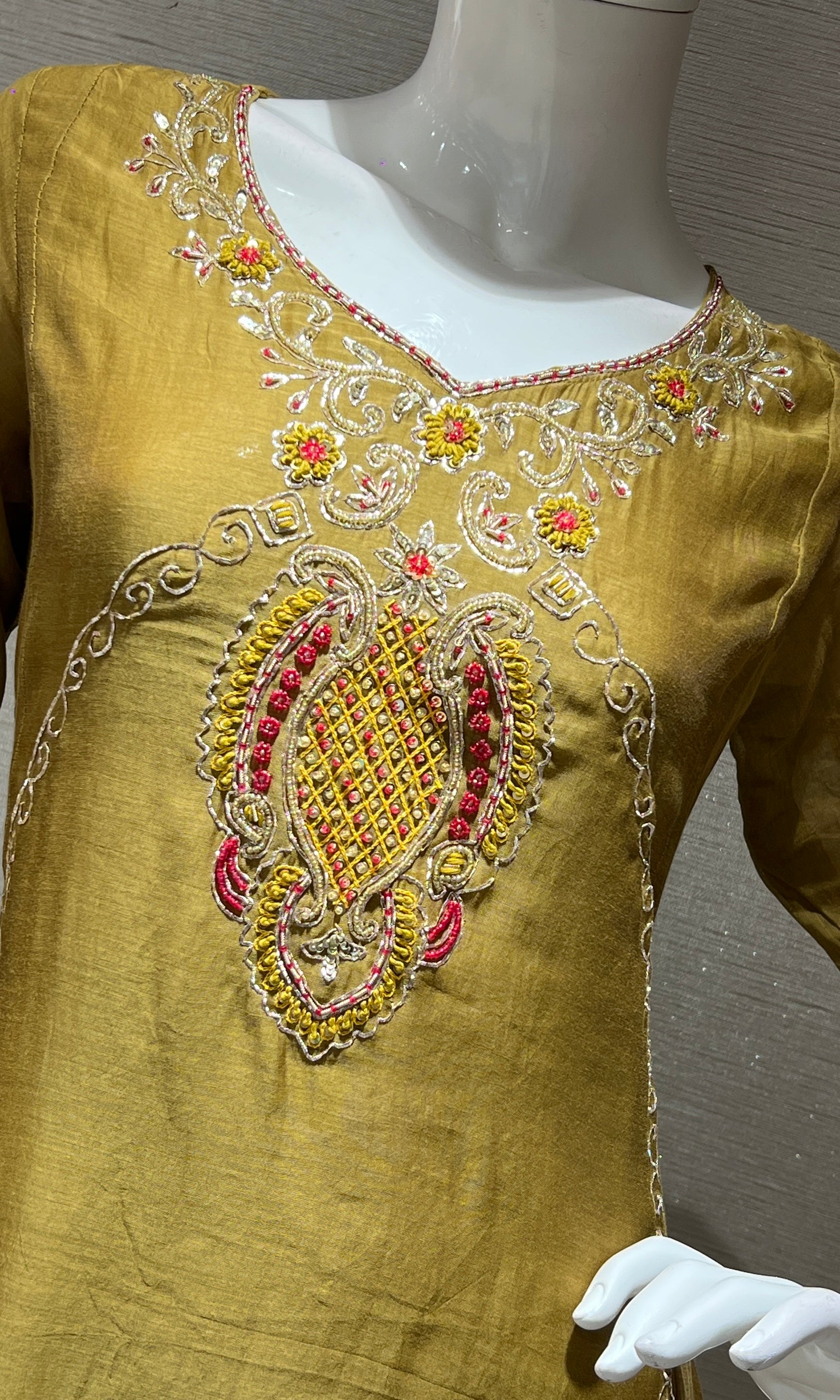 olive green embroidered MUL CHANDERI kurta set