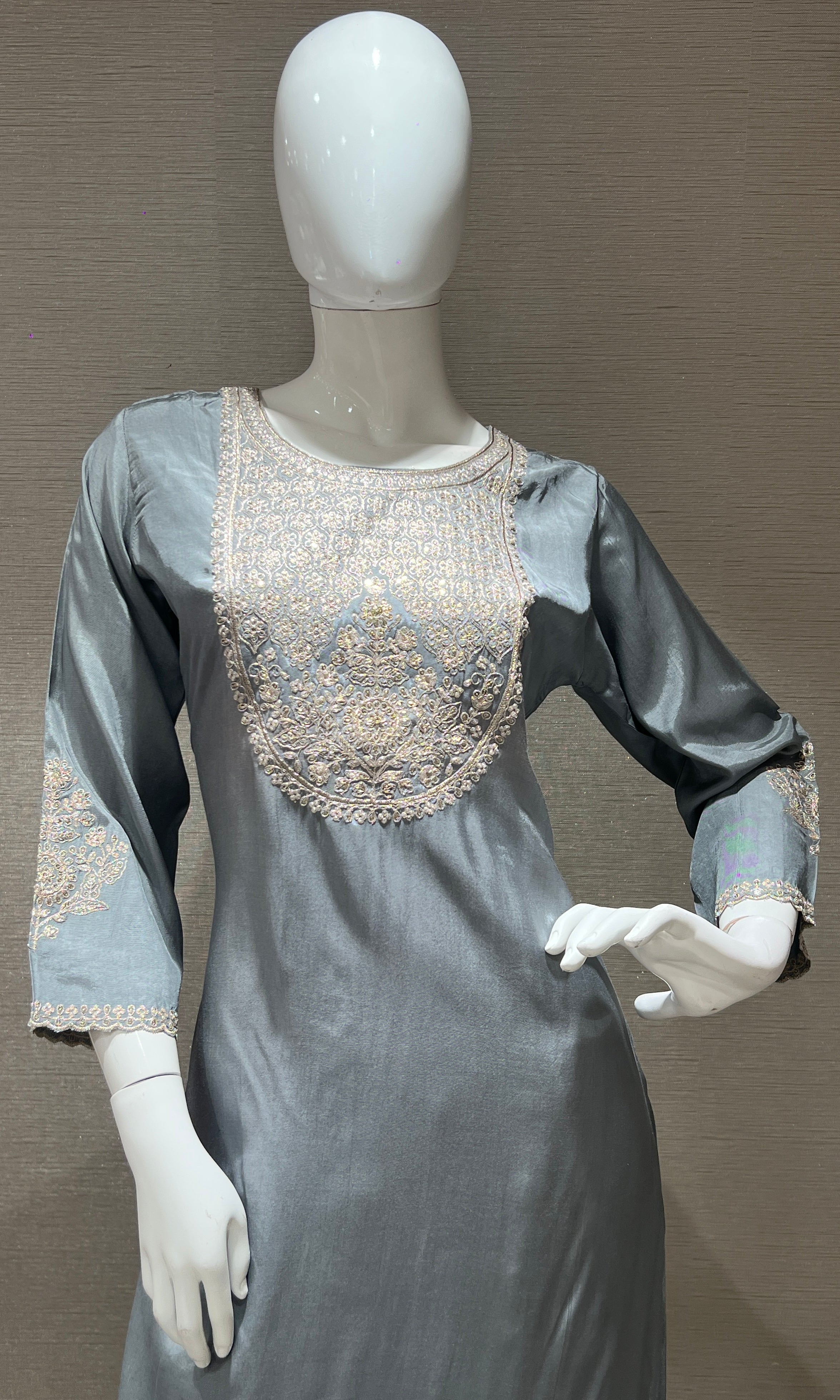 Grey Embroidered Kurta Set with Red Dupatta