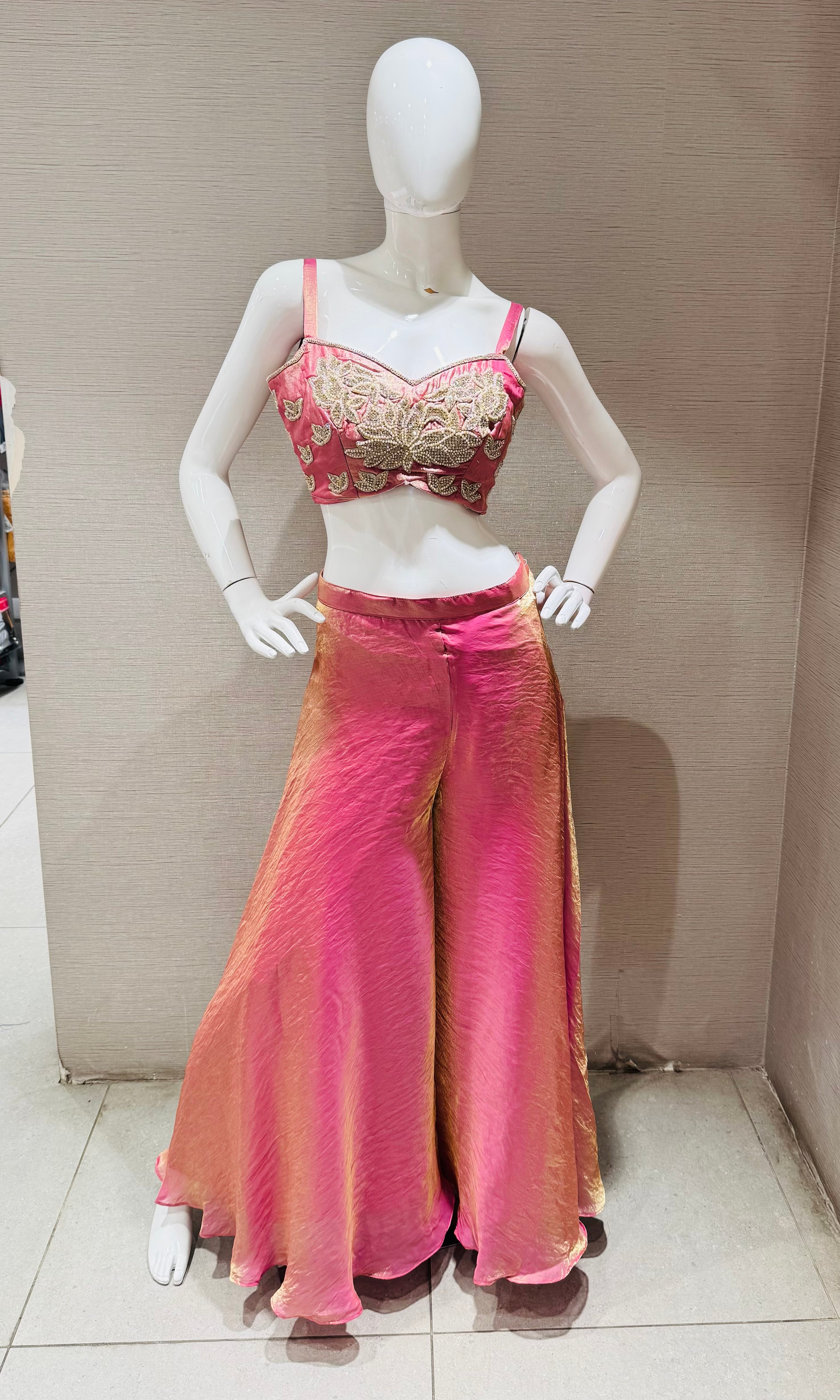 PINK EMBROIDERED CROP TOP PLAZZO COAT