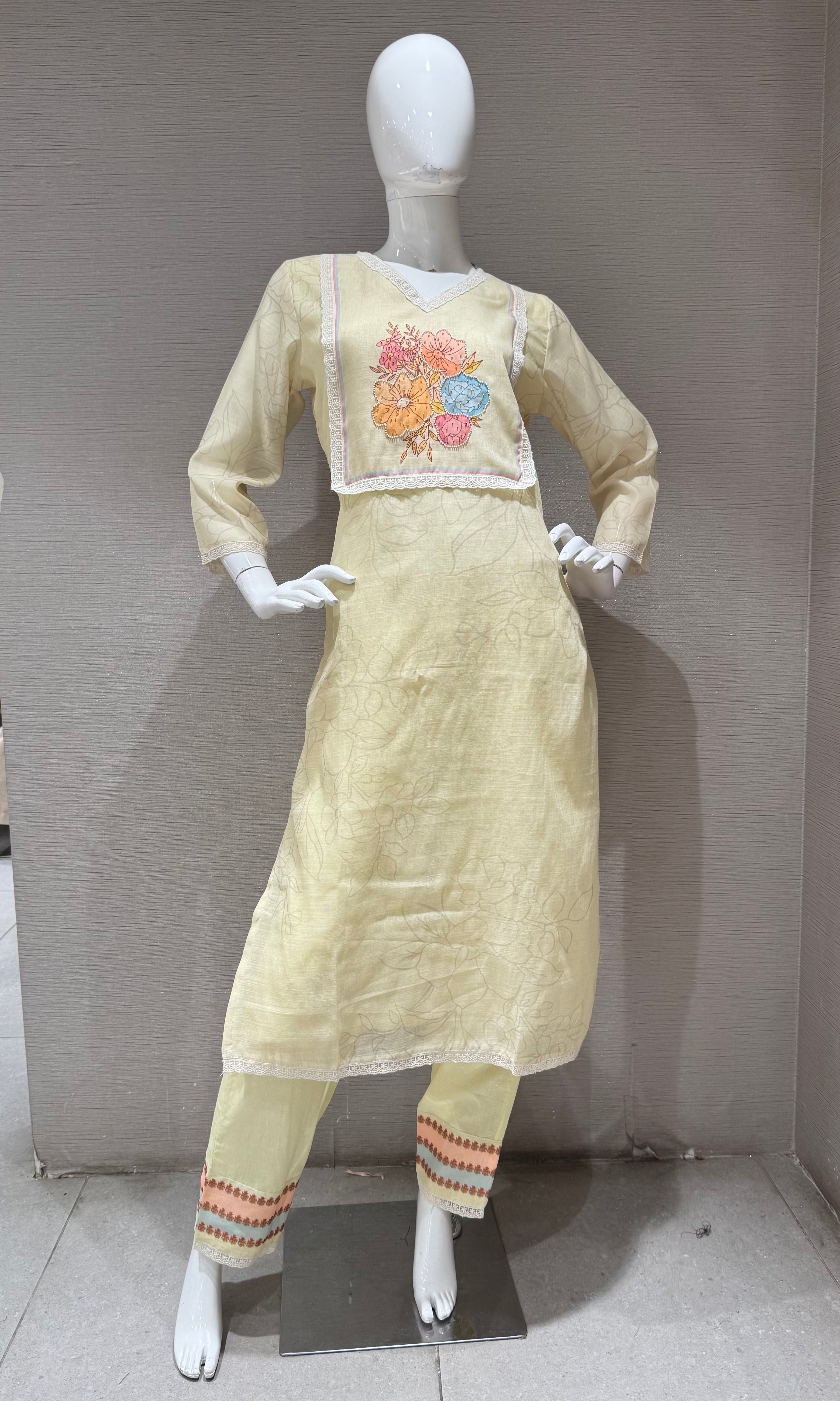 Light Yellow Straight Kurta Set with Multicolor Pastel dupatta