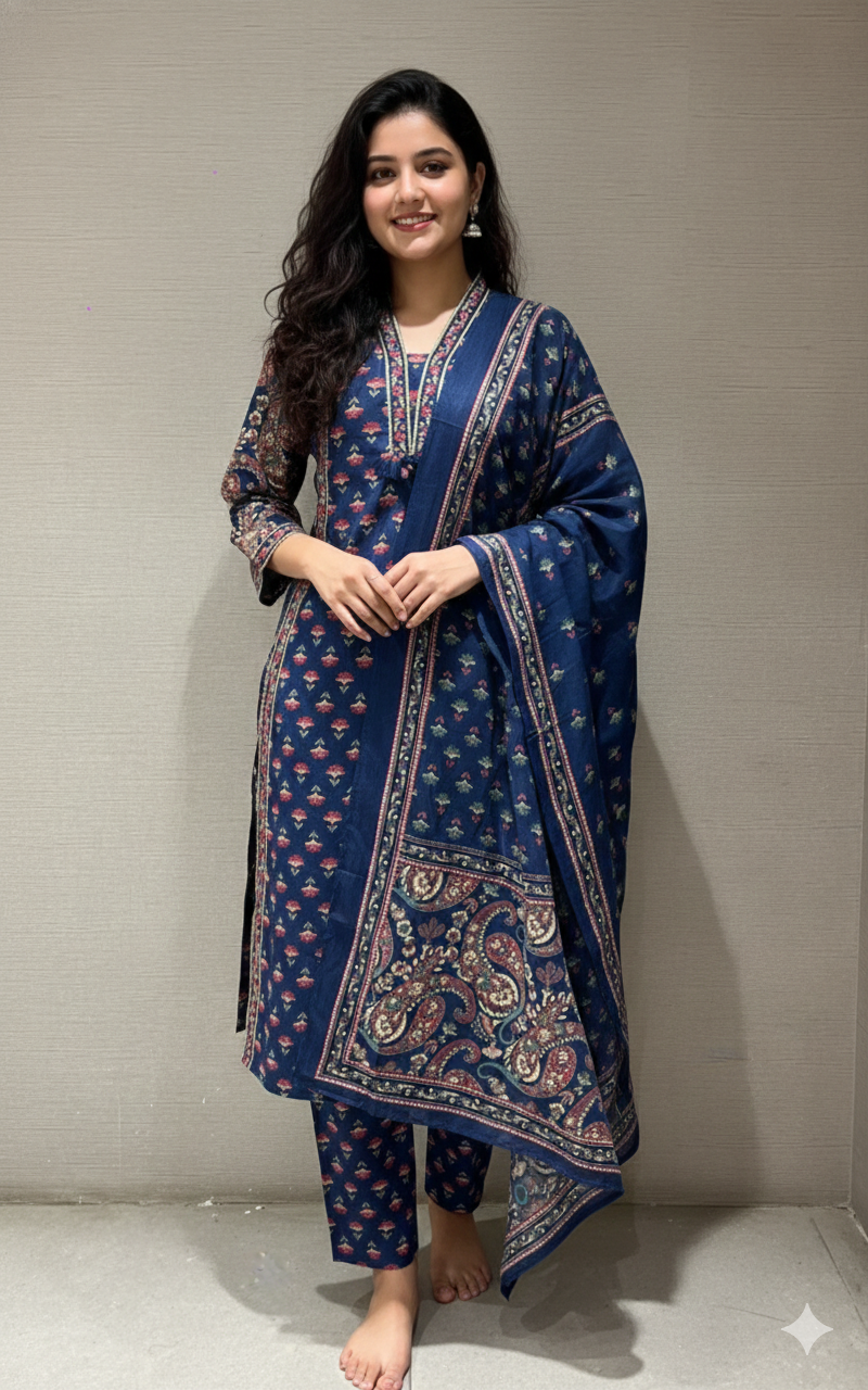 Blue Ethnic Motif Printed Kurta Set