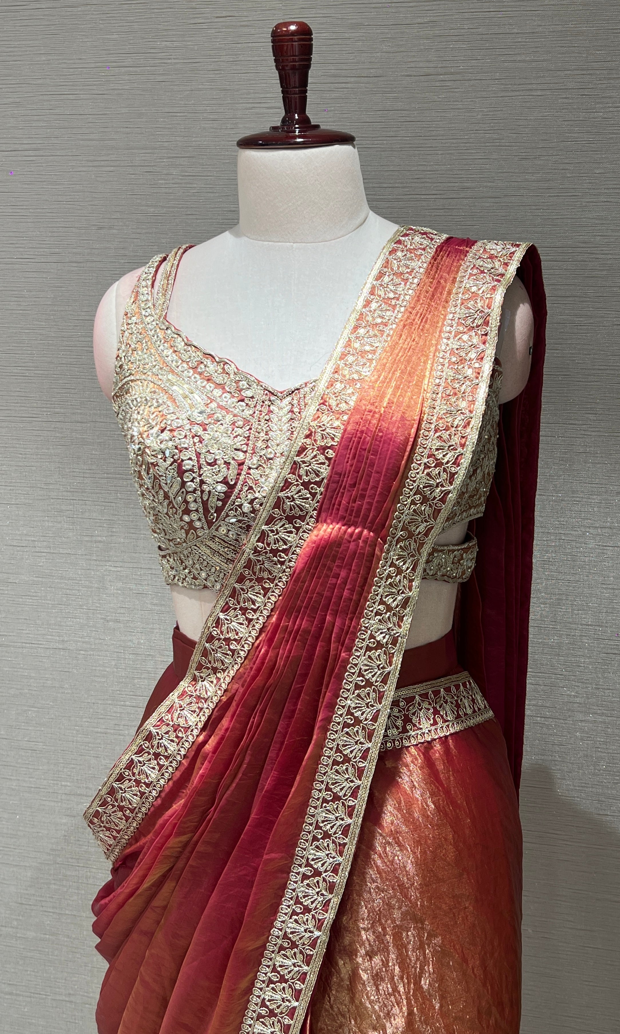 Rust Gold Drape SAREE WITH CORSET BLOUSE