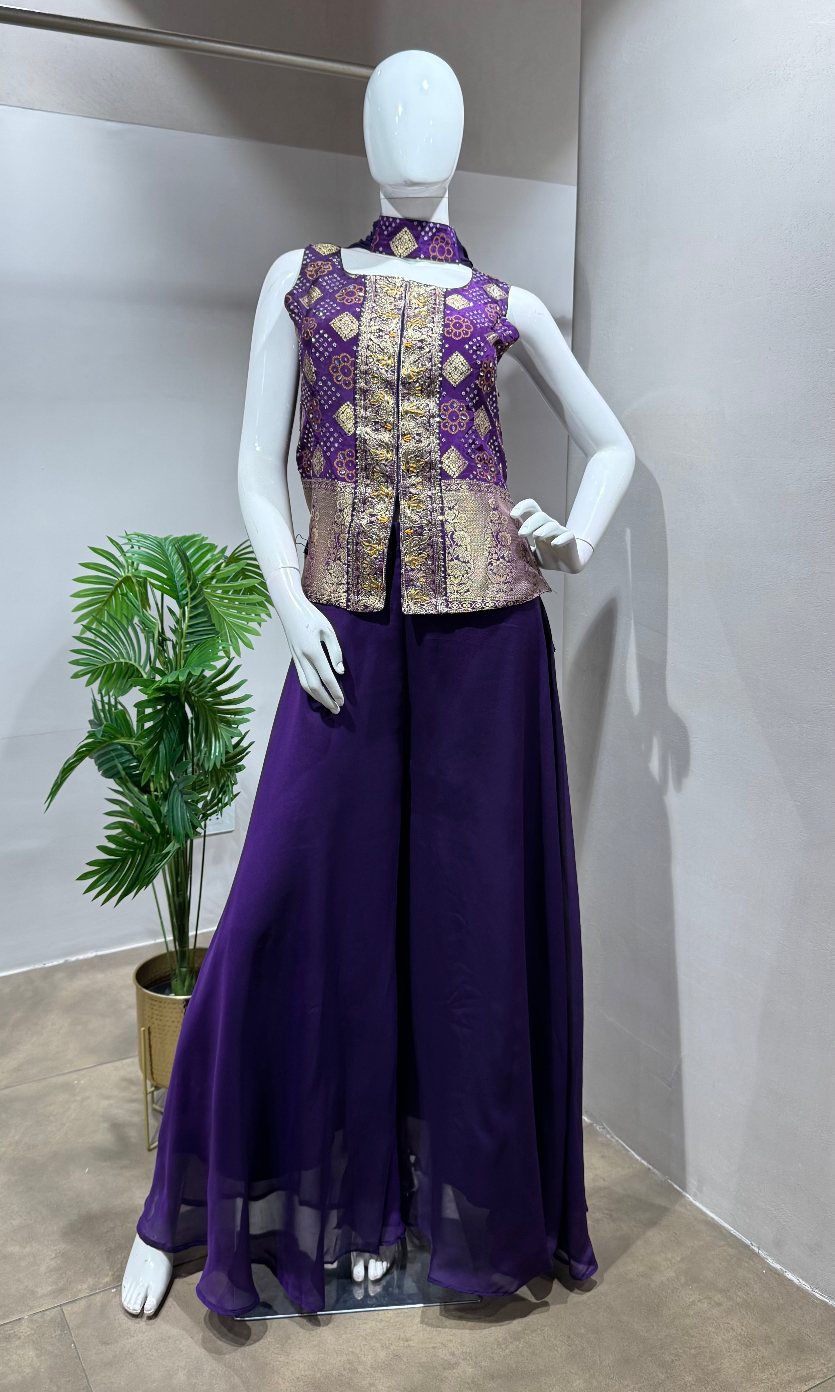 PURPLE EMBROIDERED PEPLUM PALAZZO SET
