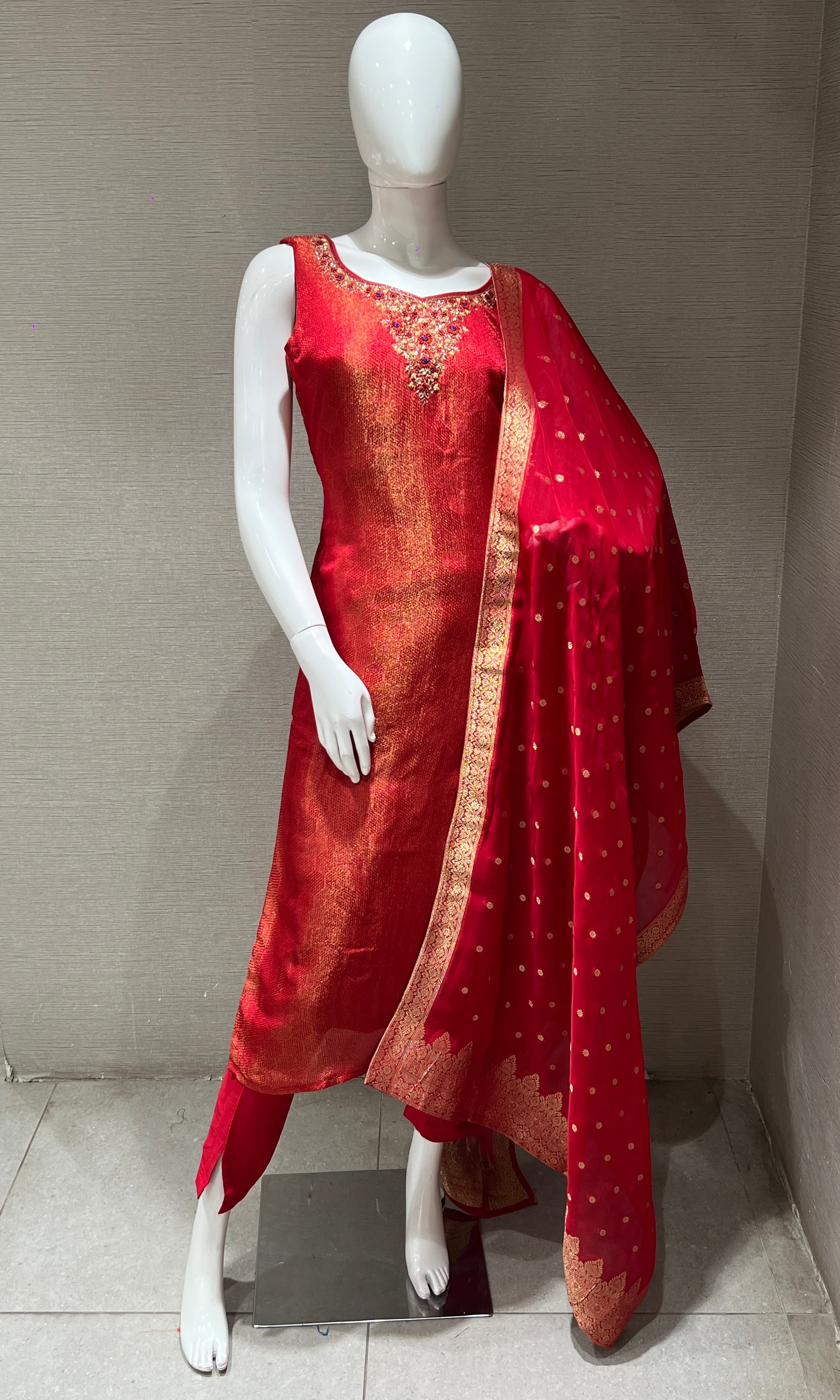 Red and Gold Embroidered Kurta Set