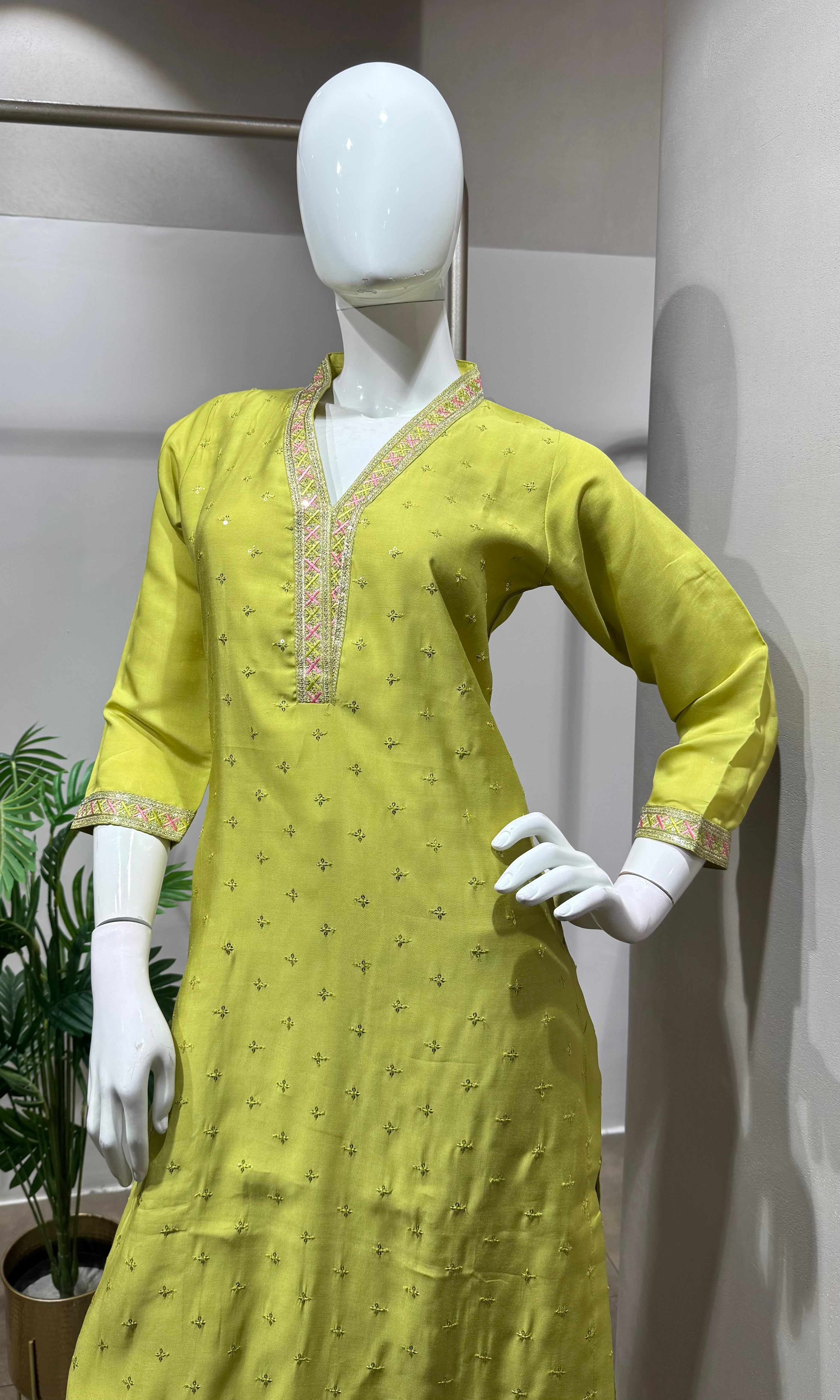 green embroidered straight kurta set