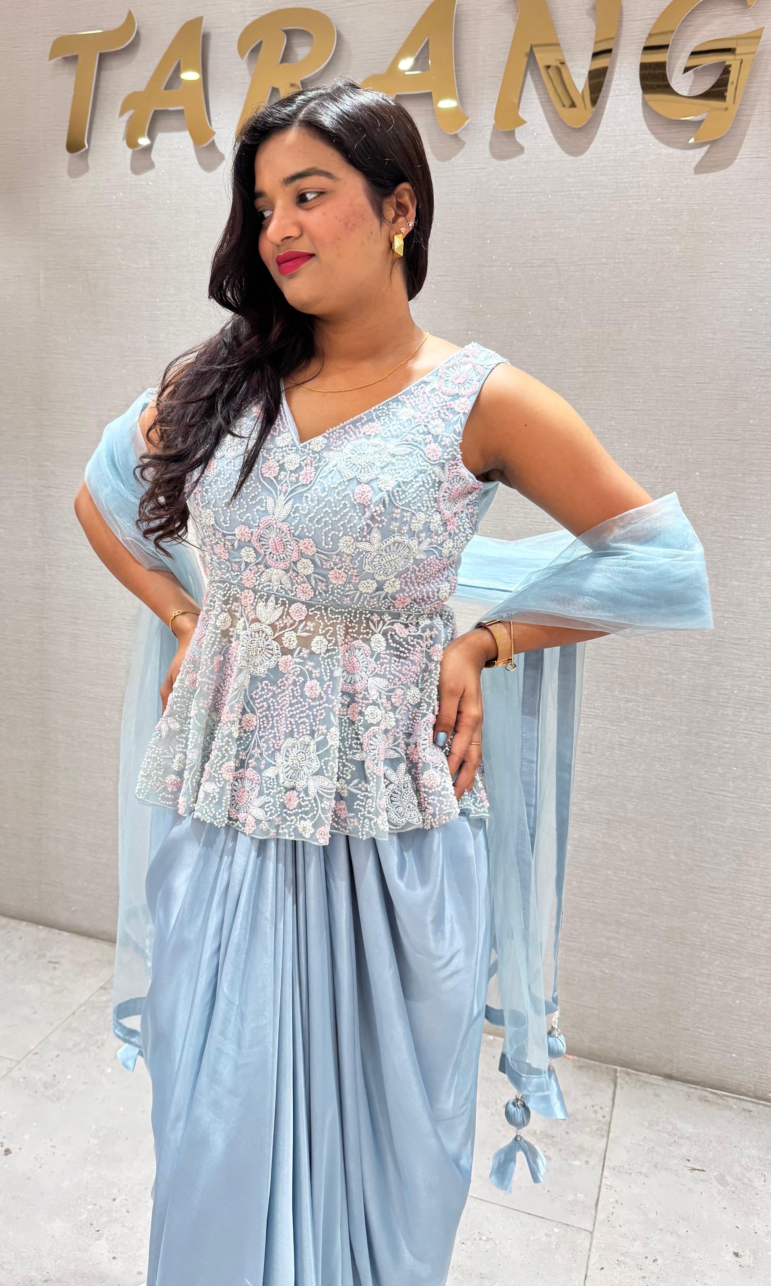 Sea blue EMBROIDERED PEPLUM BLOUSE WITH SKIRT