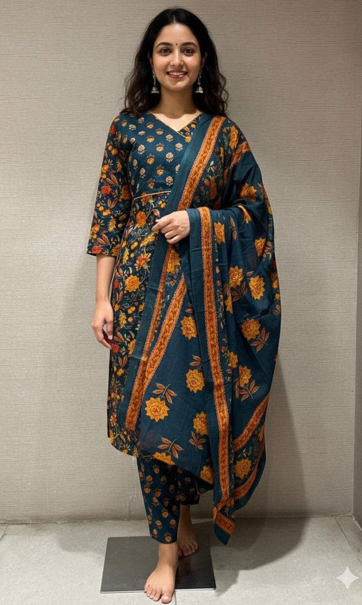 blue printed FLORAL kurta set