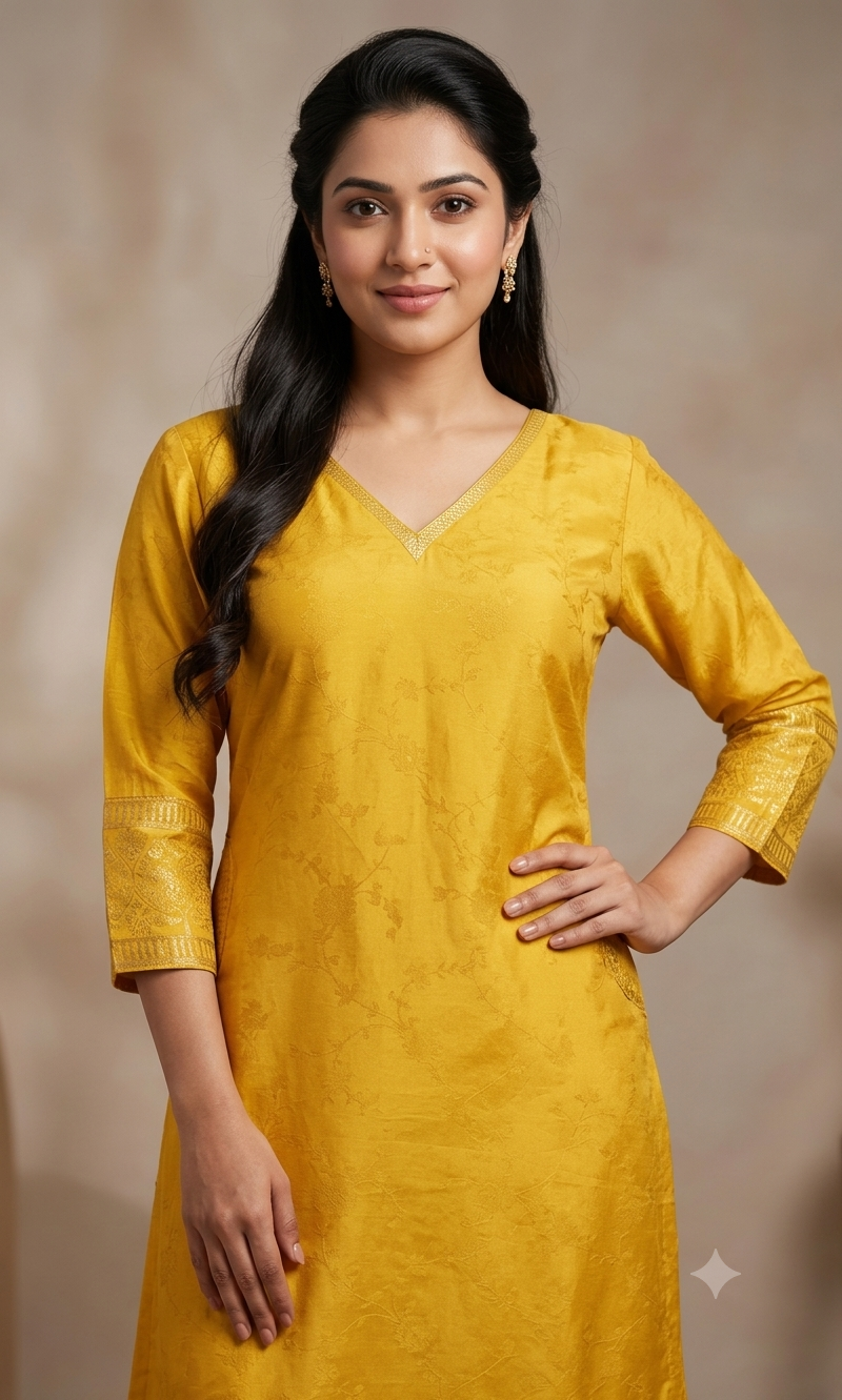 Yellow Silk Straight Kurta Set with Gold Border