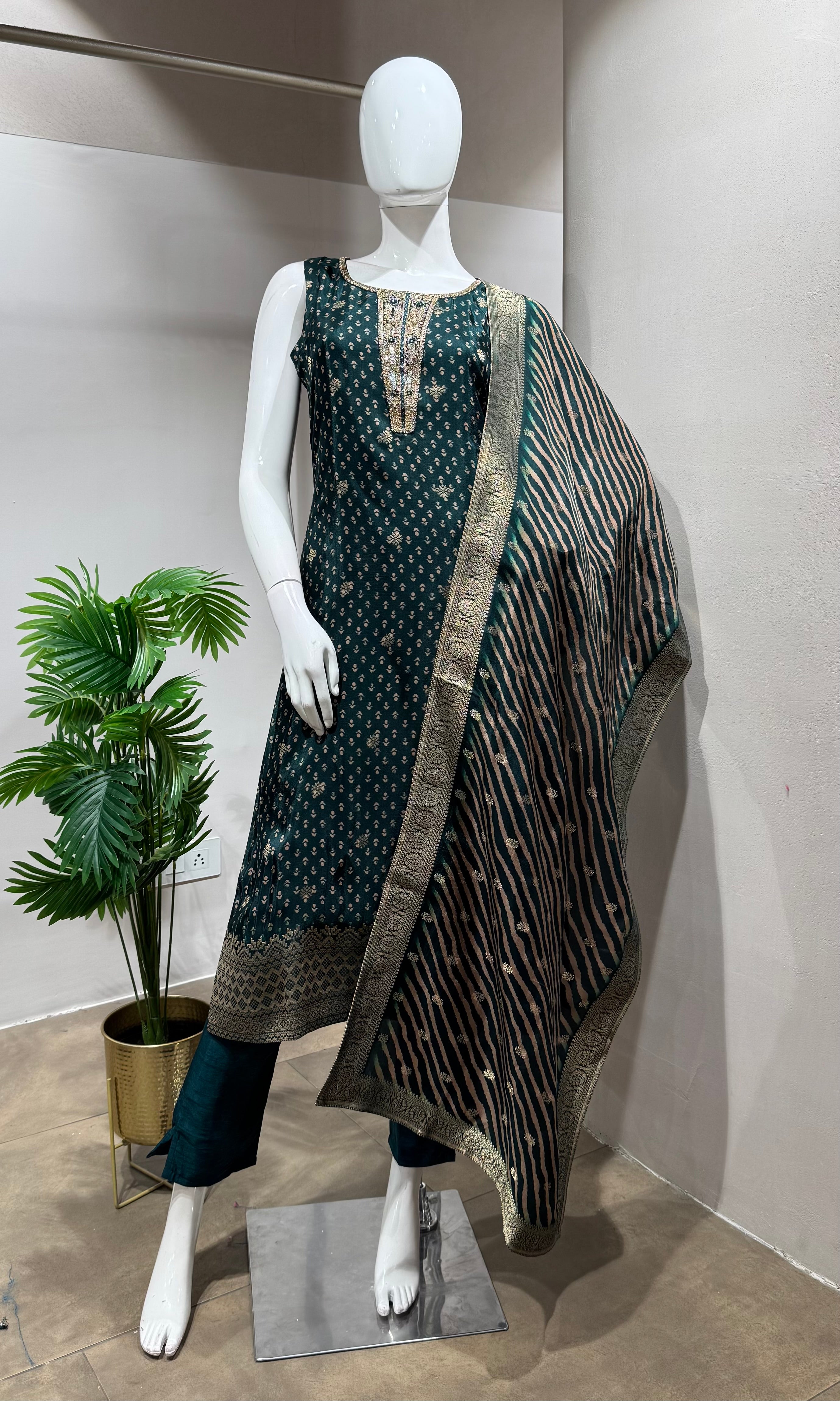 Green Chanderi Silk Suit with Zari Borders