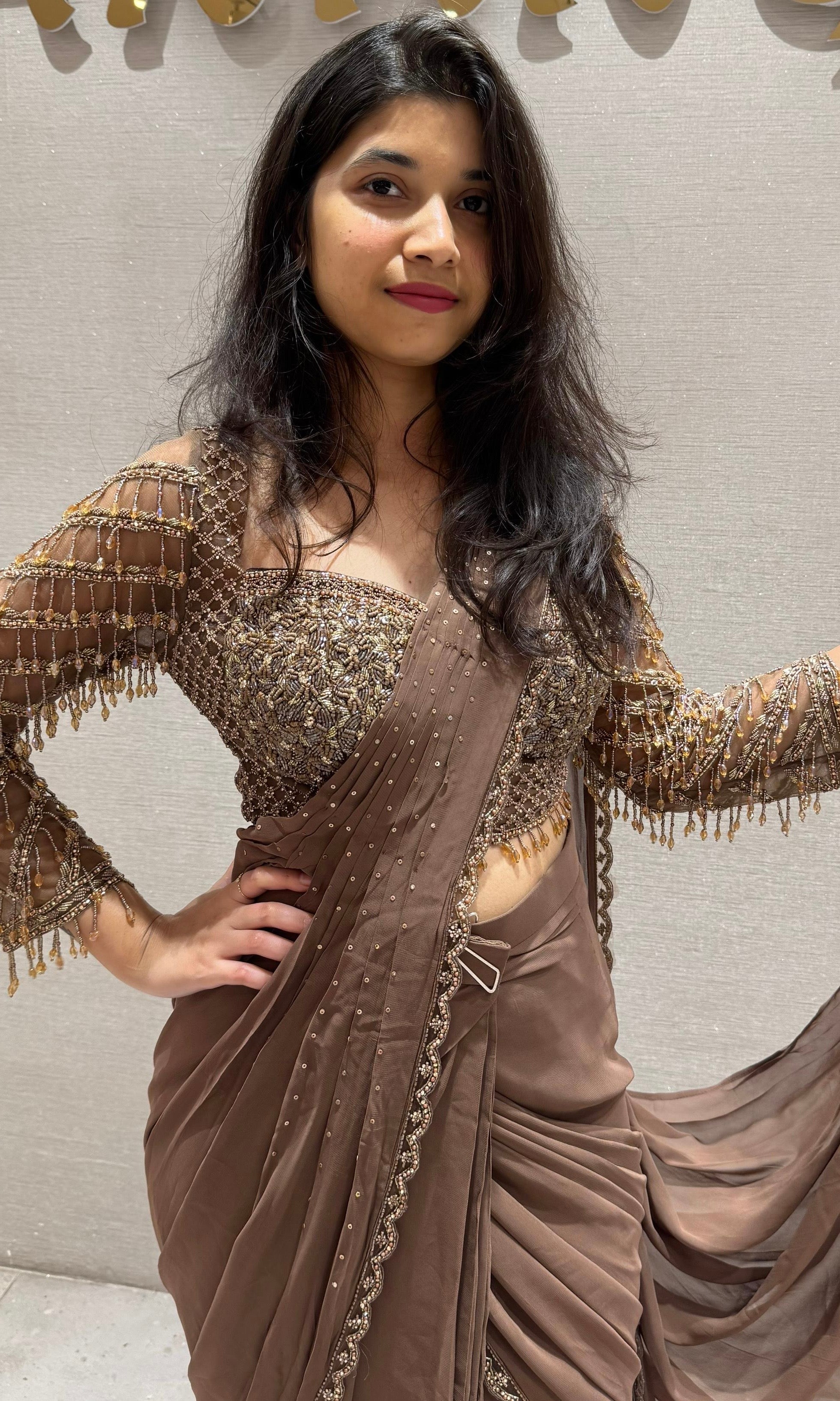 Brown Drape Saree with Beaded Blouse