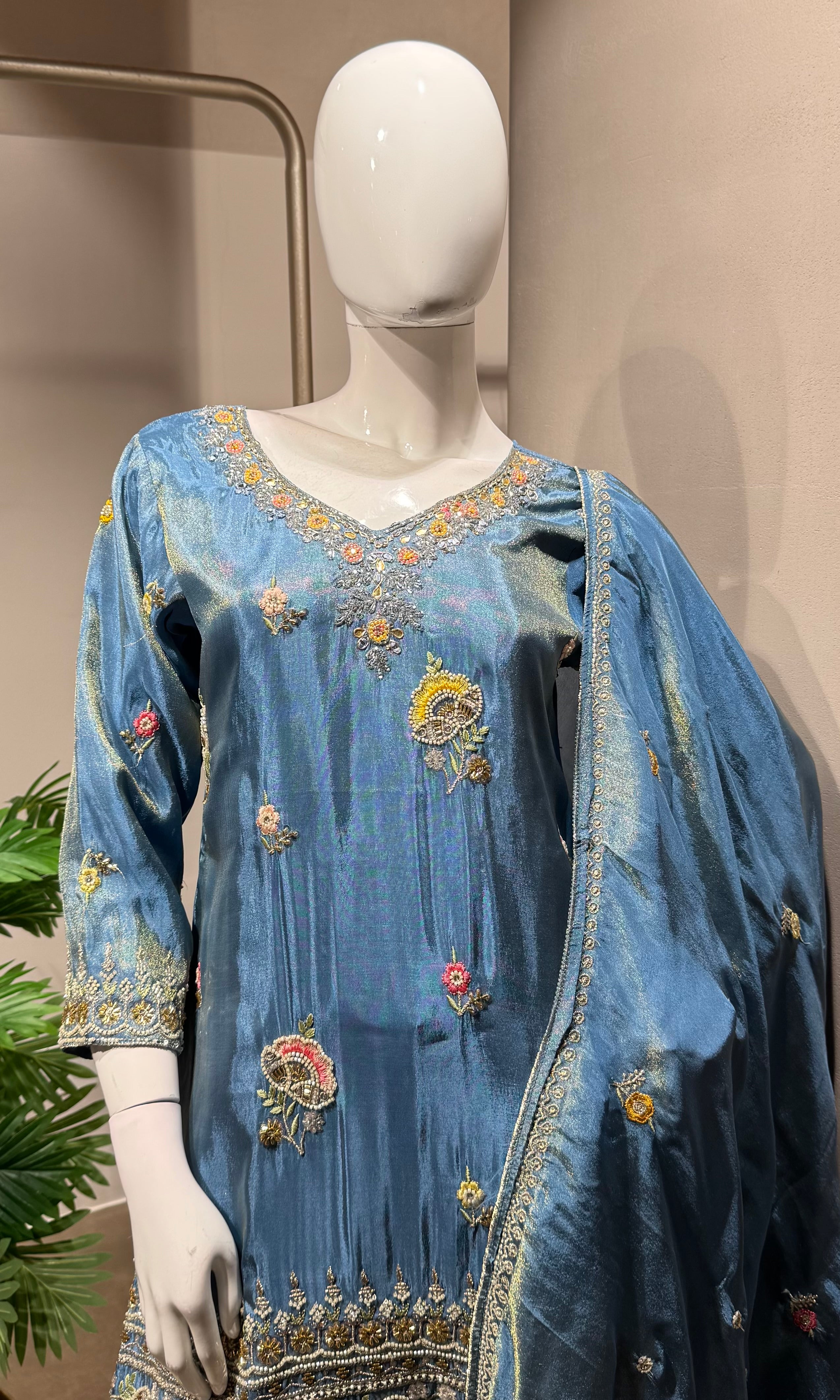 blue shimmer tissue palazzo set