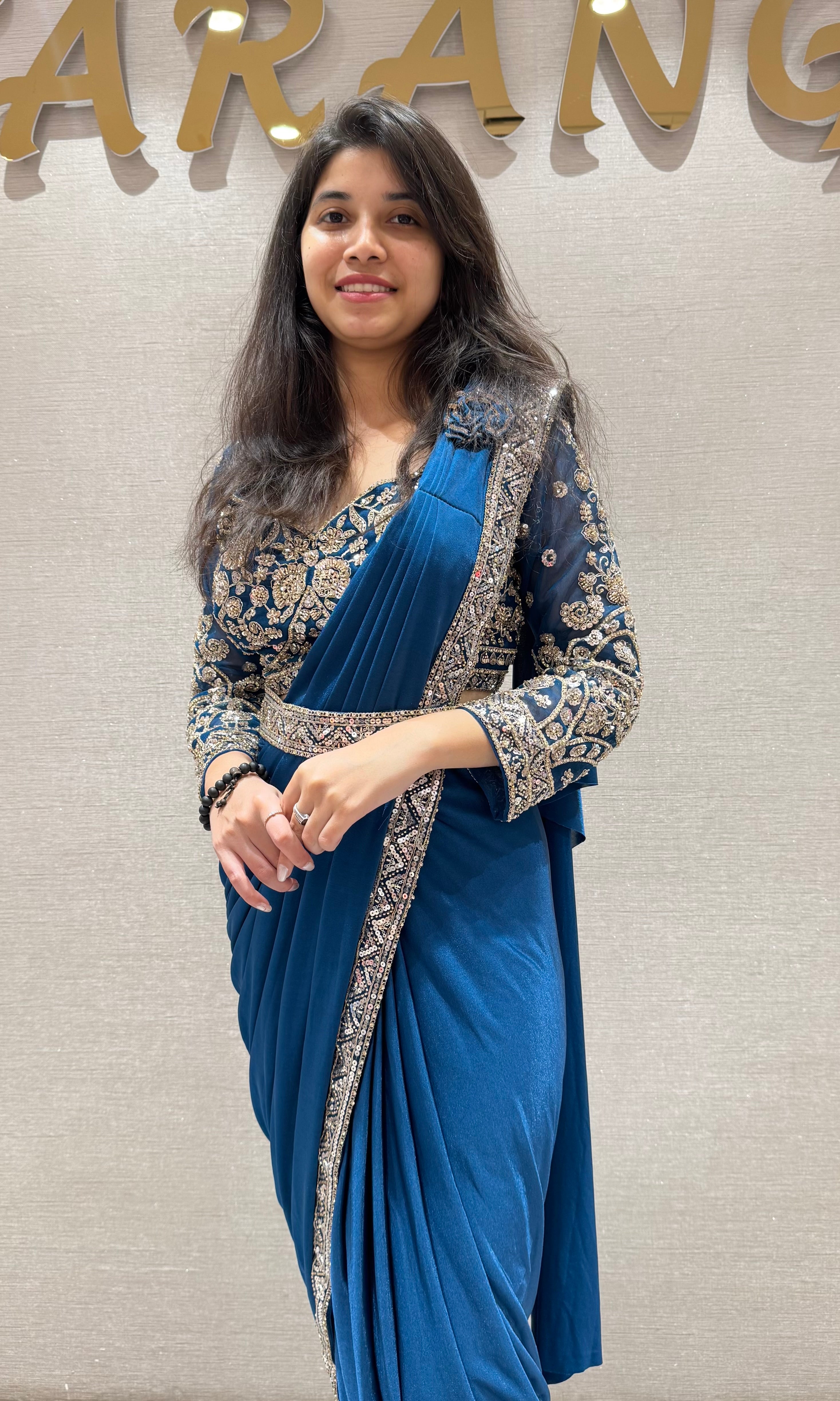 Blue drape saree WITH EMBROIDERED BLOUSE