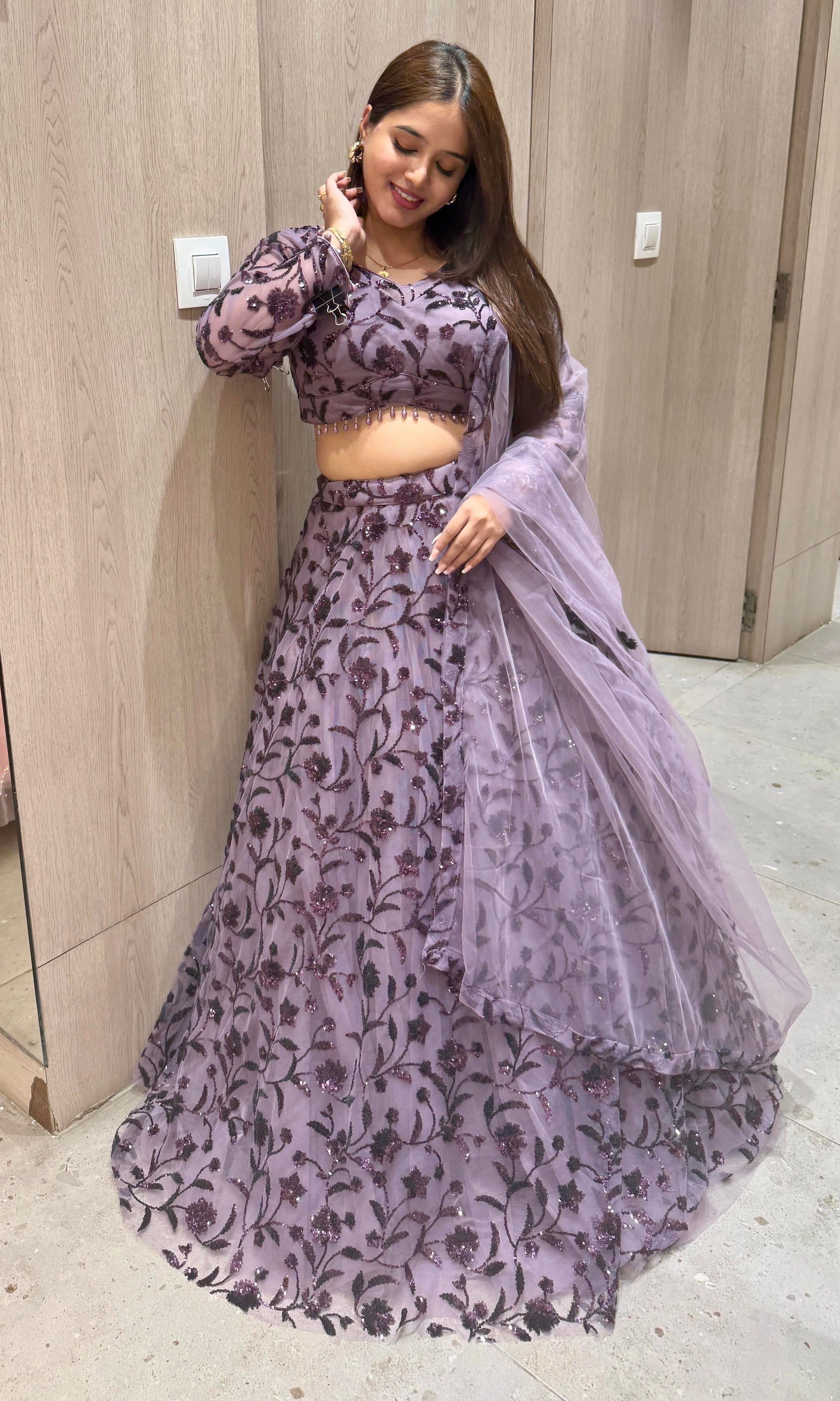 Mauve Sequin Floral Work Designer Lehenga