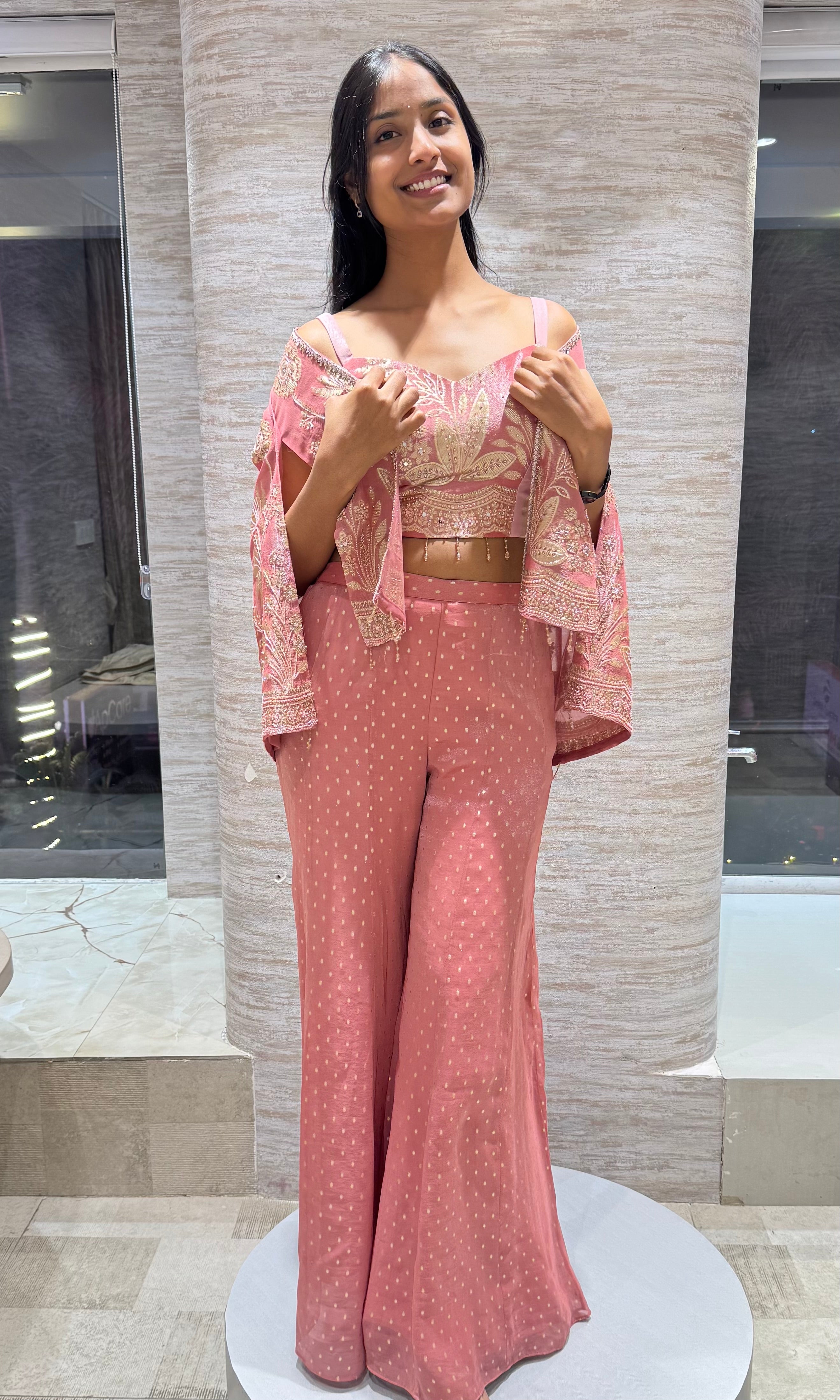 Onion pink embroidered palazzo set