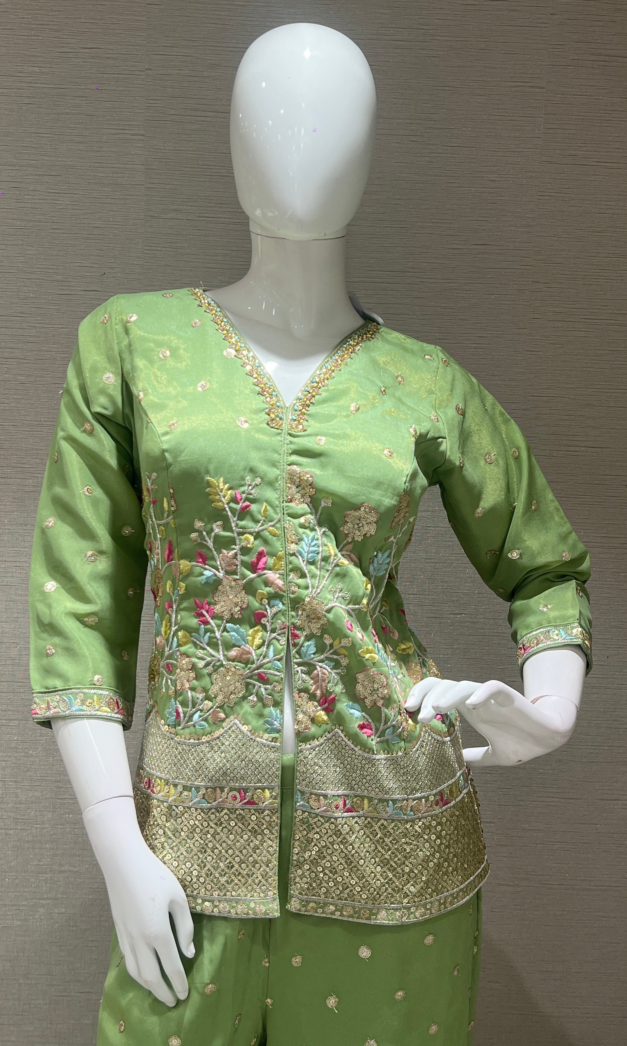 Pista Green Floral Embroidered Palazzo set