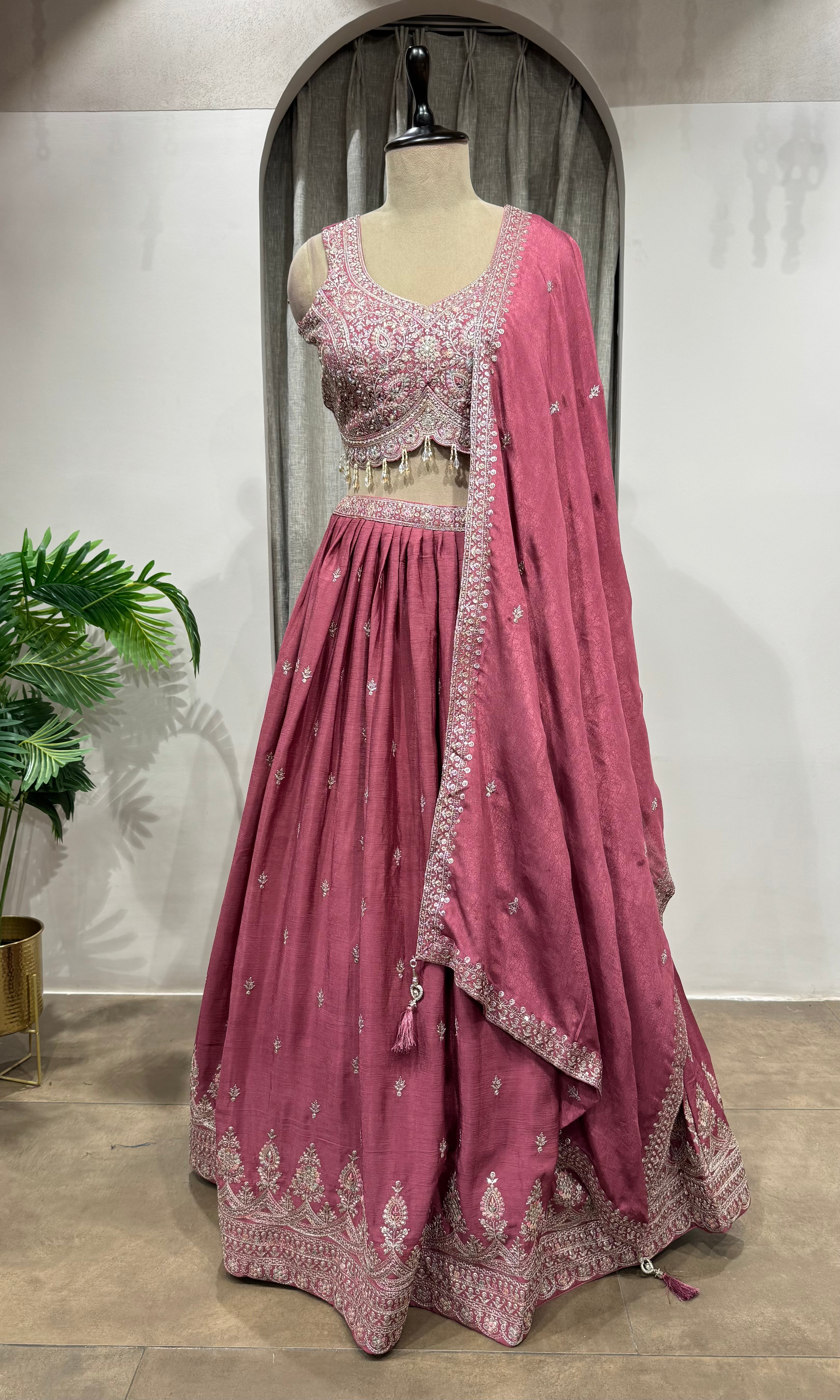 PINK Flared Lehenga Choli with Border Embroidery