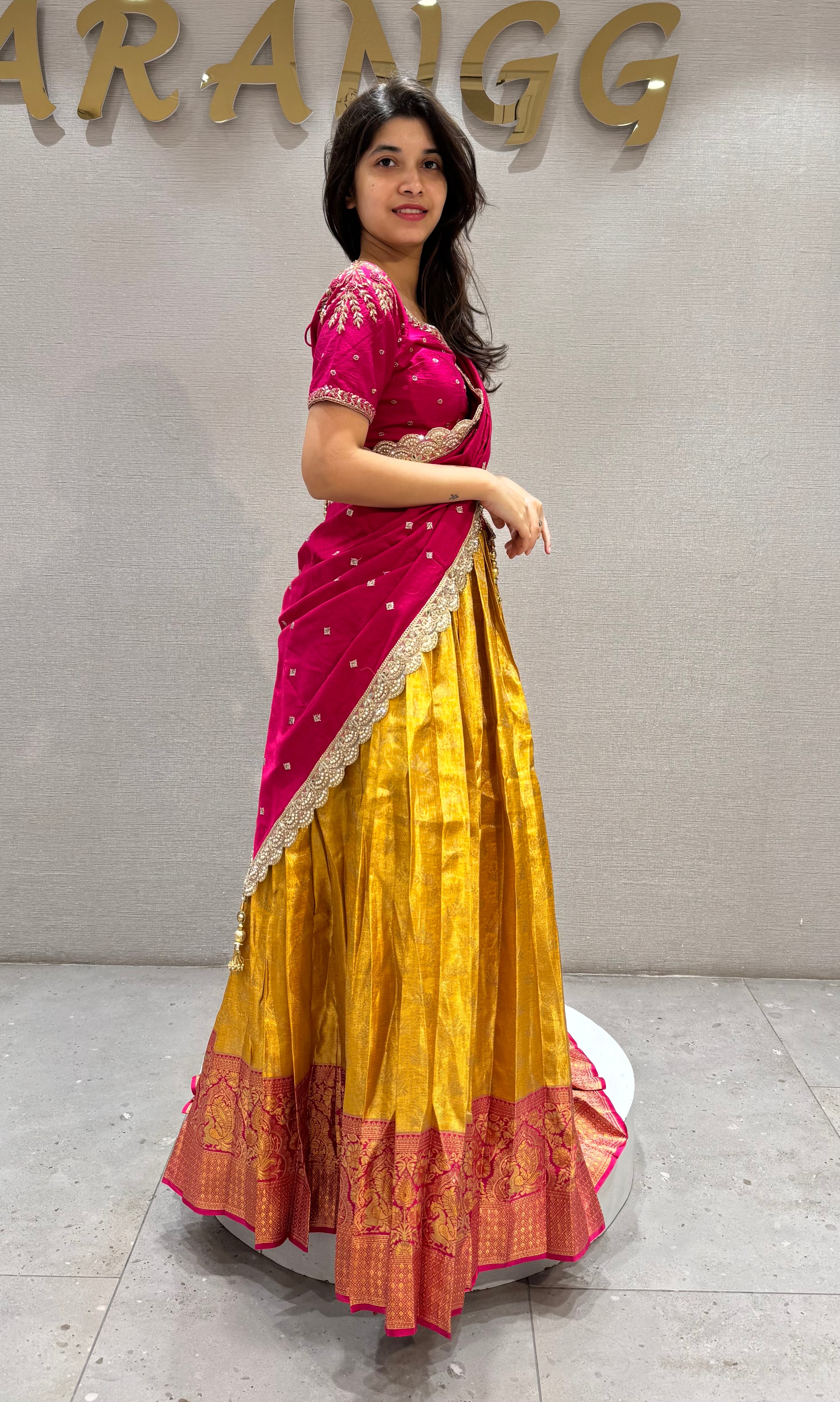 Pink & yellow Pattu Pavadai Half saree set