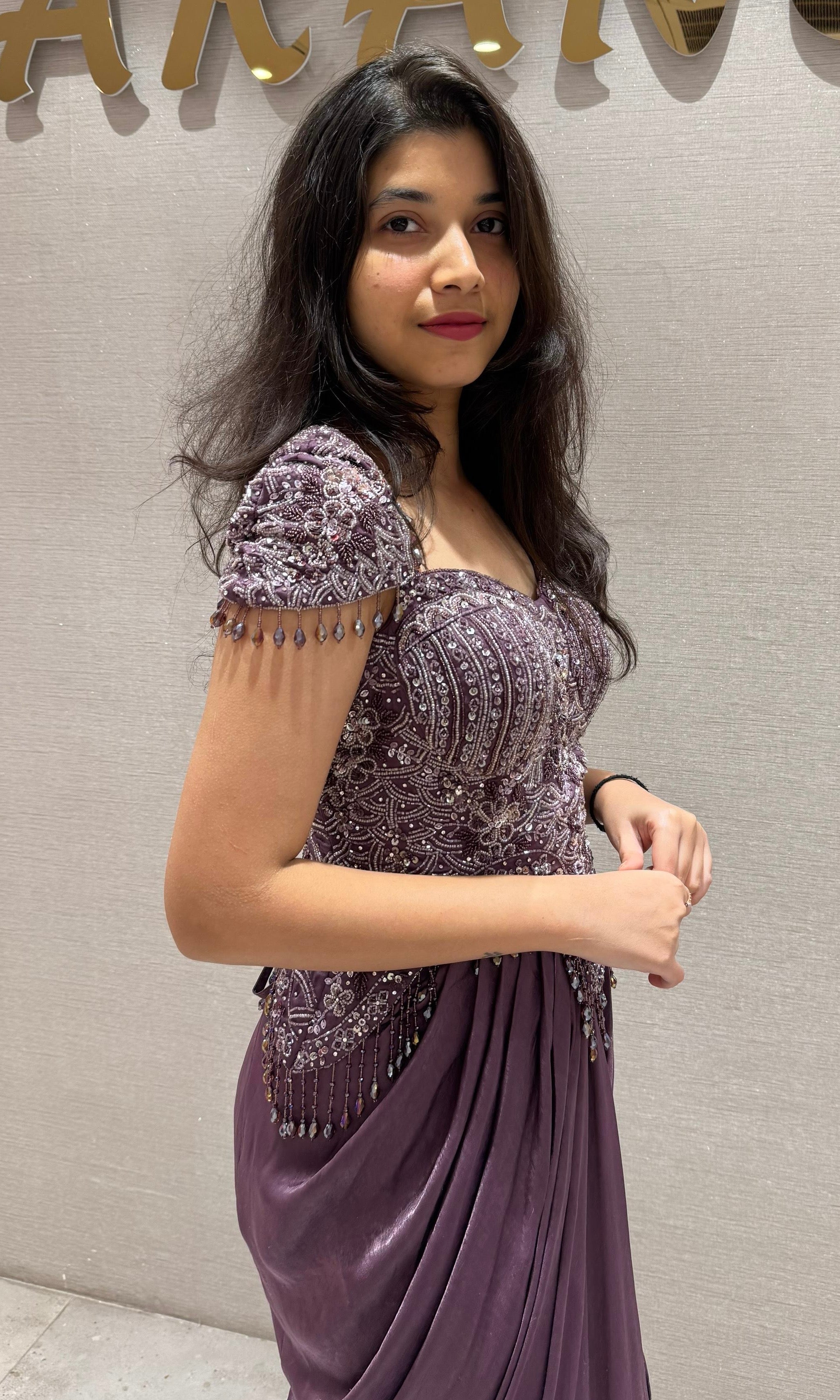 Wine corset blouse with drape skirt Indo western dress