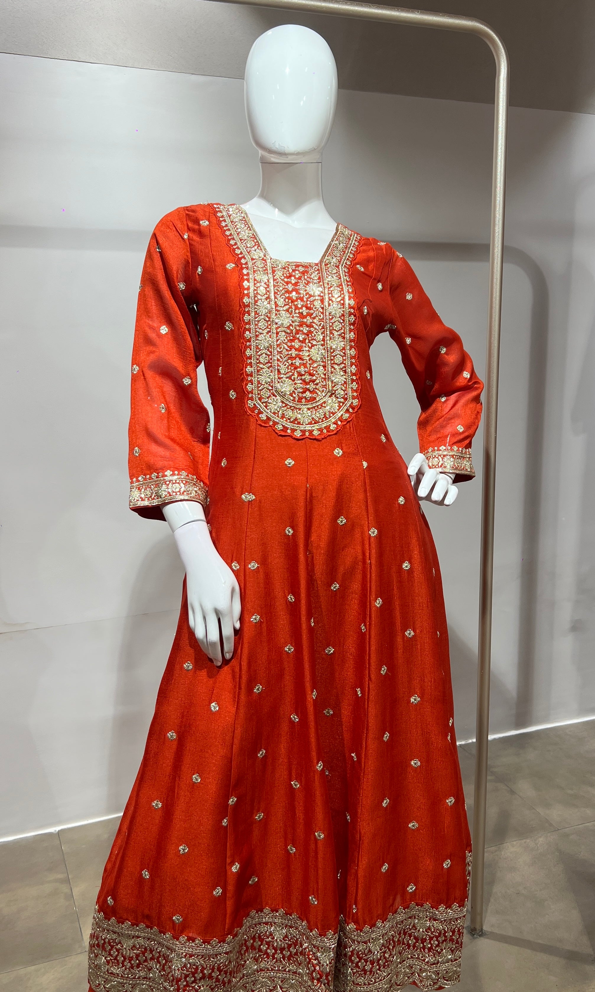 Rust gold embroidered Anarkali set