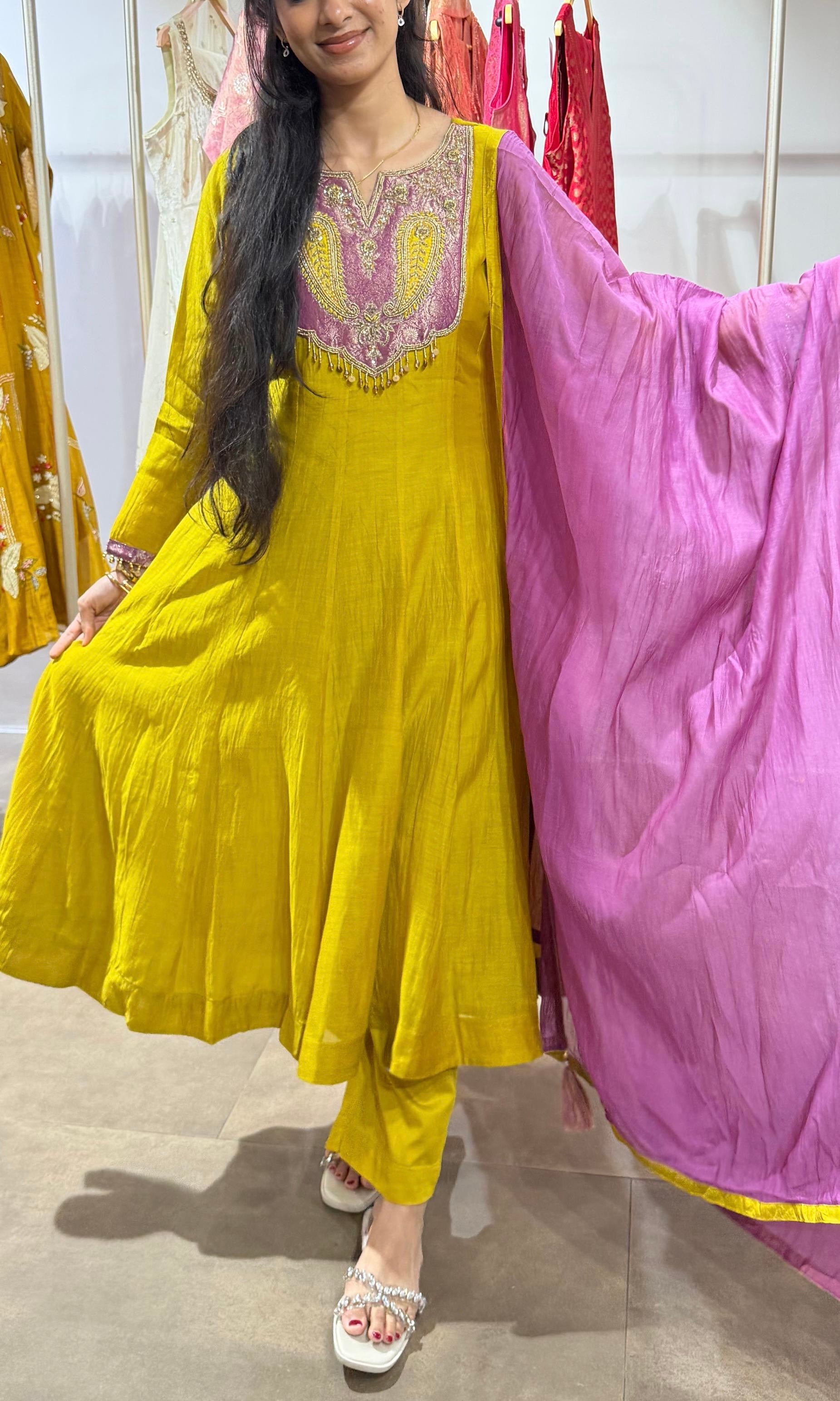 Mustard Anarkali Set with Magenta Dupatta