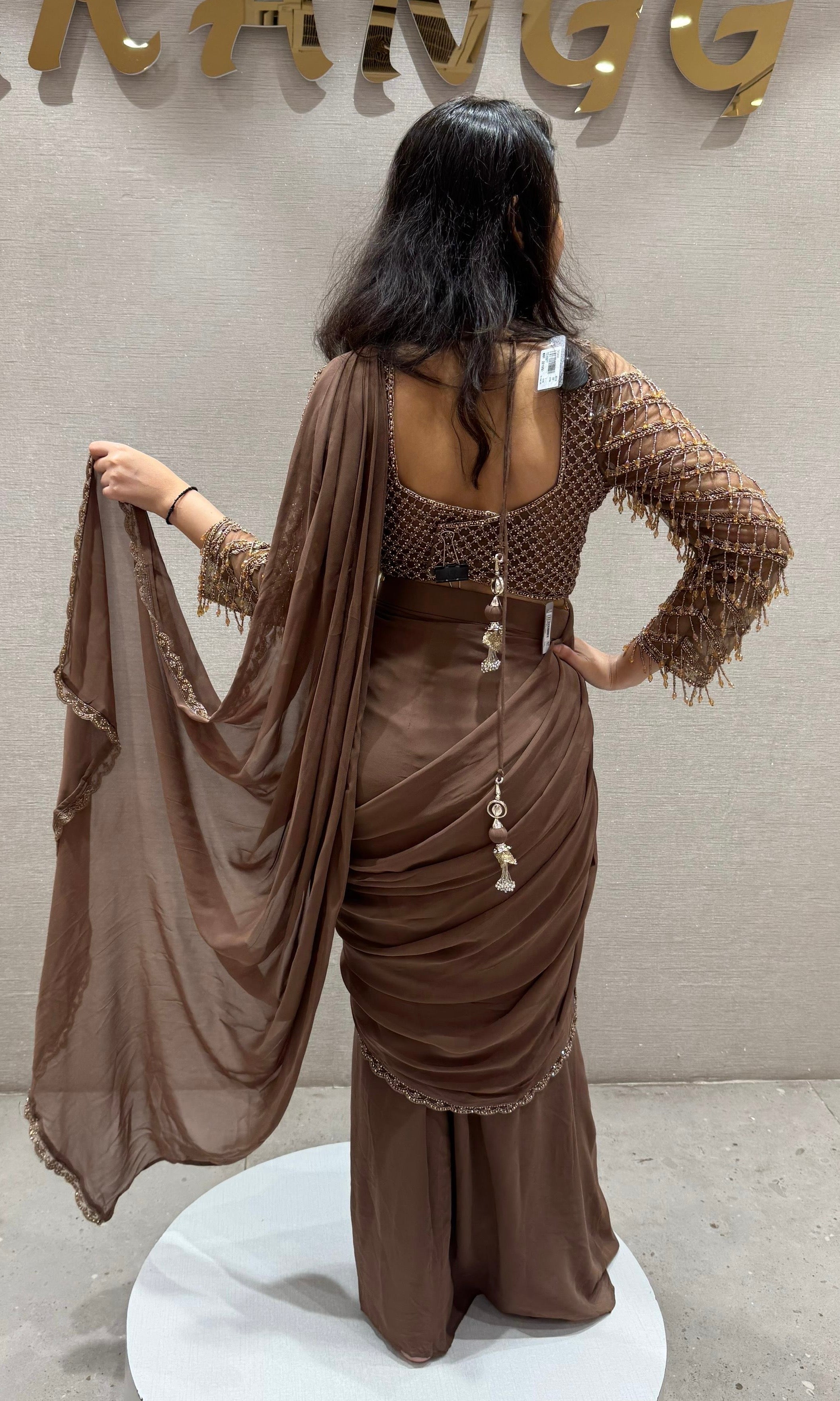 Brown Drape Saree with Beaded Blouse