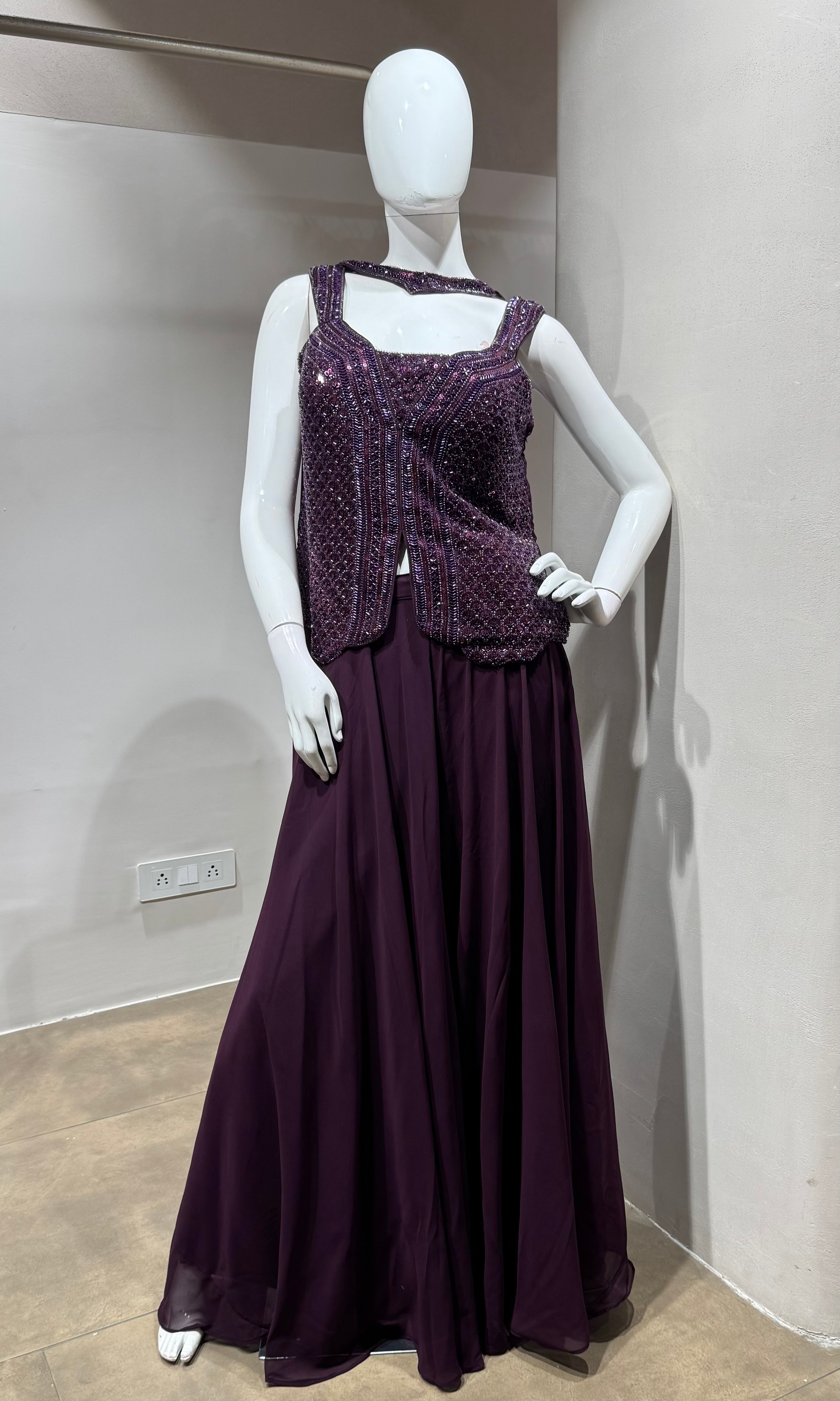 Wine Purple Sequins Embroidered palazzo set