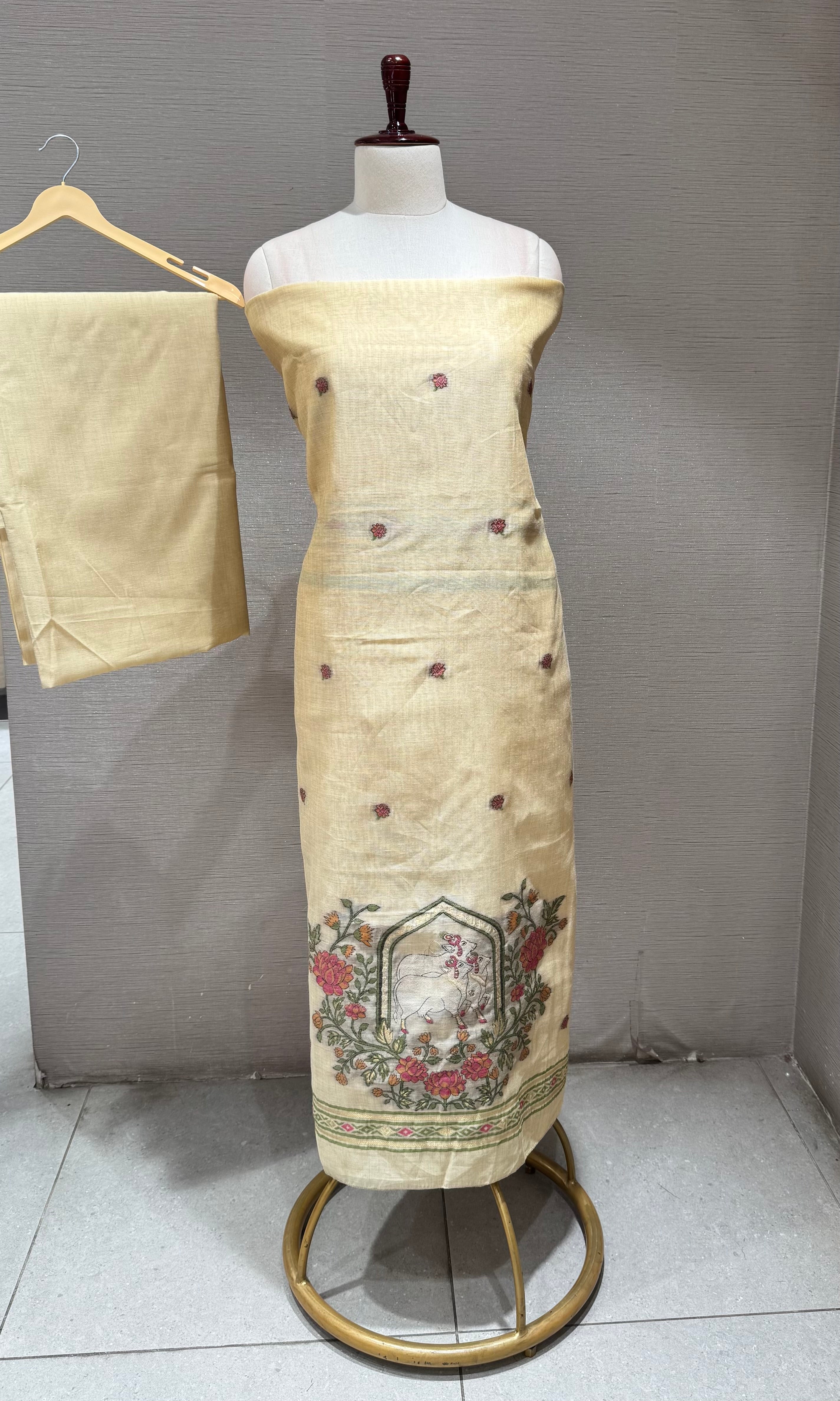 Cream floral embroidery dress material