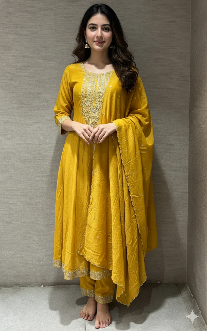 Yellow EMBROIDERED Anarkali KURTA SET