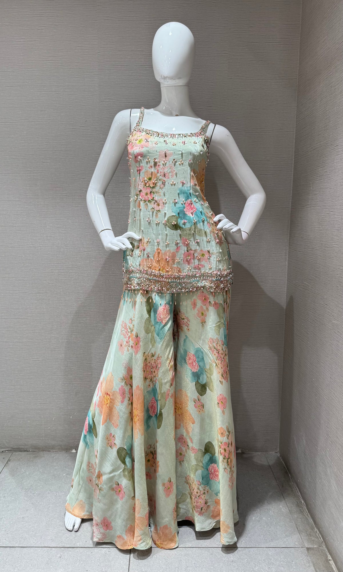 light green Silk Organza Floral Printed Peplum palazzo set