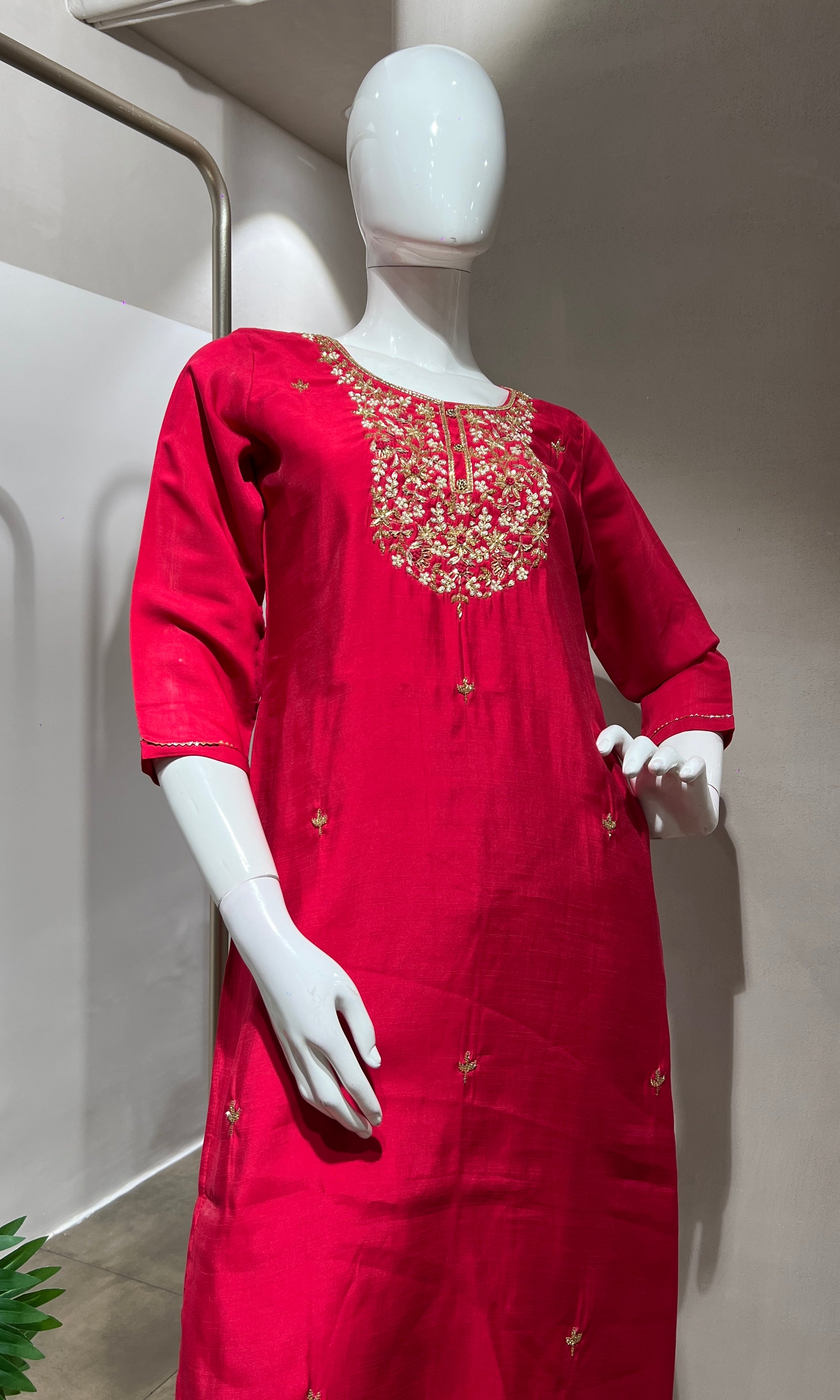RANI PINK GOLD NECK WORK KURTA SET