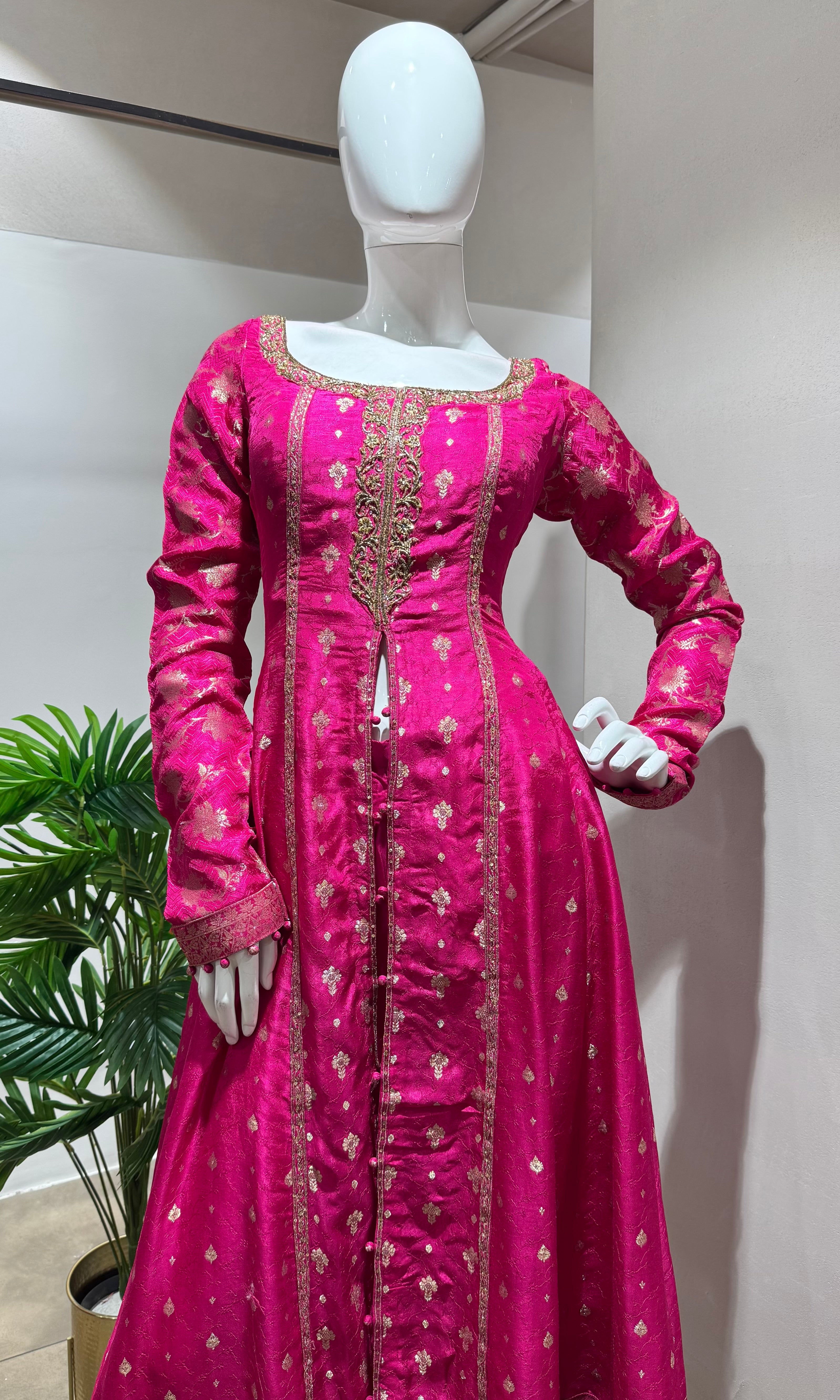 PINK GOLD EMBROIDERED FRONT SLIT ANARKALI SET