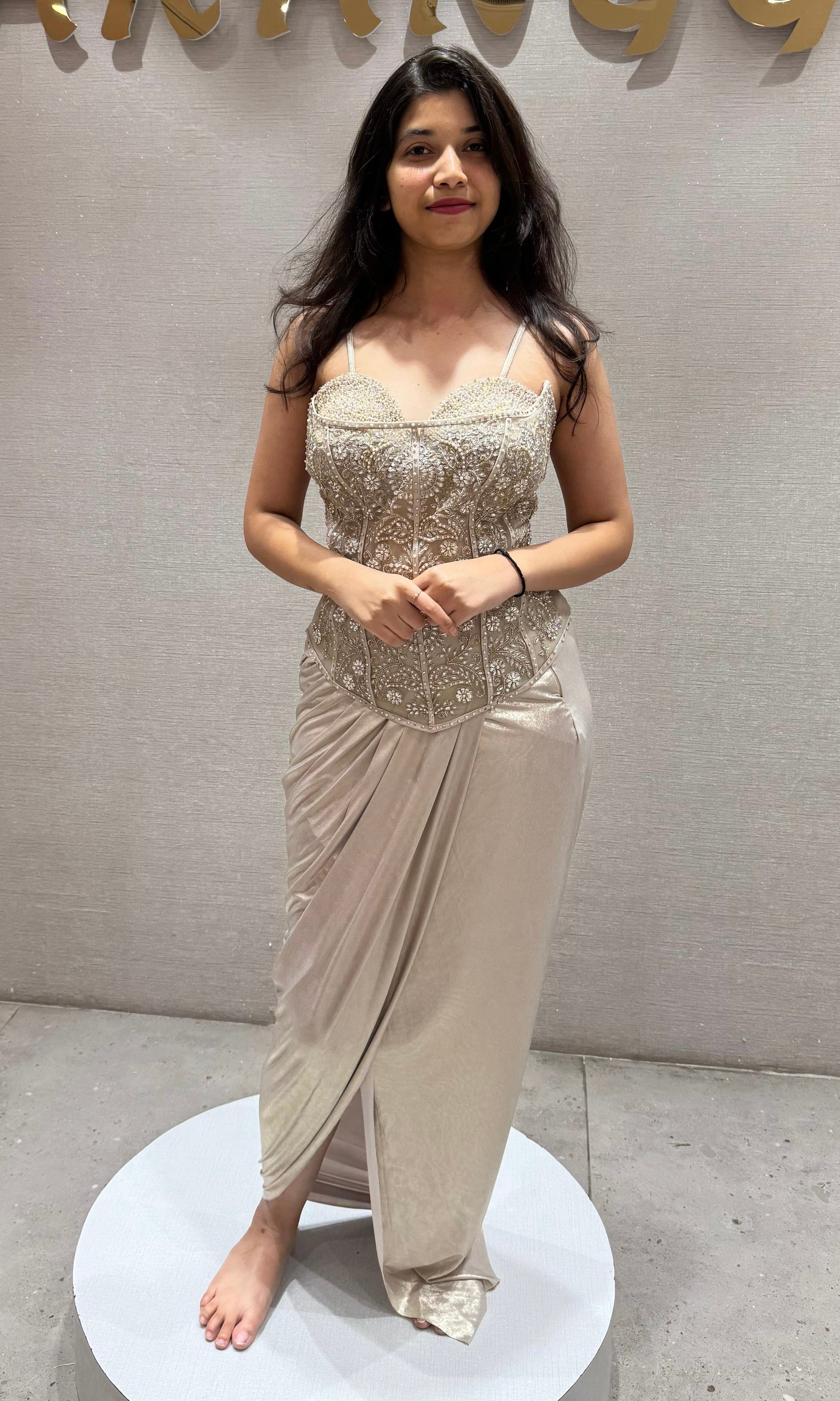 Cream gold corset blouse with drape skirt Indo western outfit